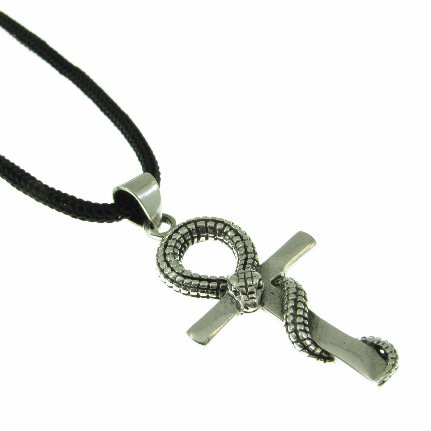 Egyptian Ankh & Snake Necklace for Men - Solid 925 Sterling Silver Cross Pendant - Mens Jewelry - Men's Black Nylon Cord or Curb Chain