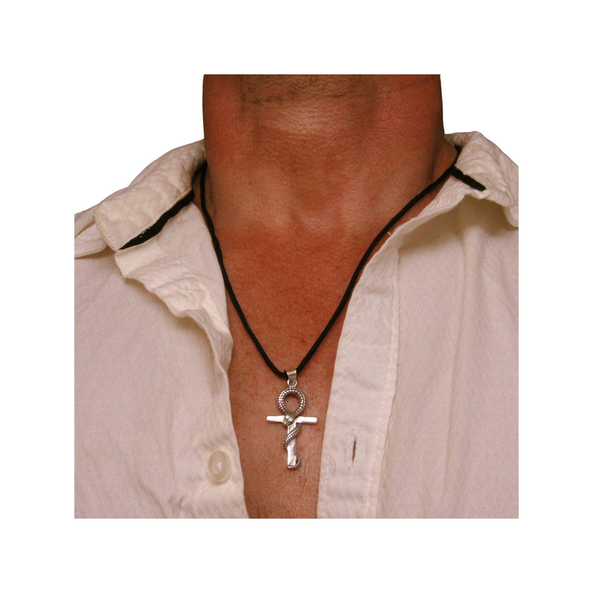 Egyptian Ankh & Snake Necklace for Men - Solid 925 Sterling Silver Cross Pendant - Mens Jewelry - Men's Black Nylon Cord or Curb Chain
