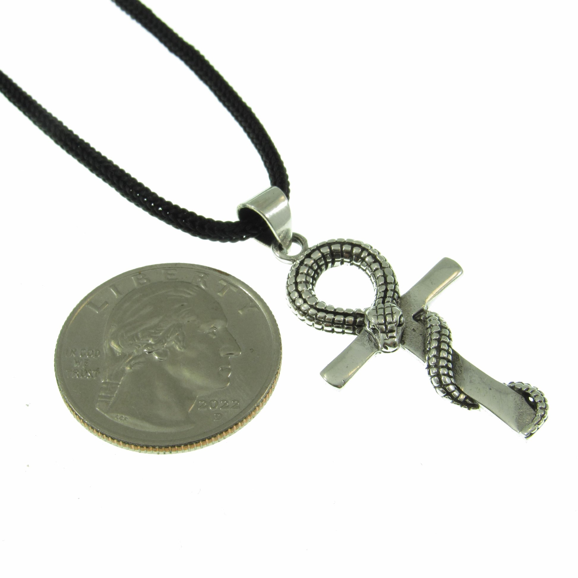 Egyptian Ankh & Snake Necklace for Men - Solid 925 Sterling Silver Cross Pendant - Mens Jewelry - Men's Black Nylon Cord or Curb Chain
