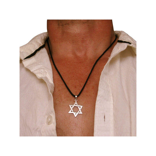 Jewish Star Necklace for Men - Solid 925 Sterling Silver Star of David Pendant - Mens Religious Jewelry - Men's Nylon Cord or Curb Chain