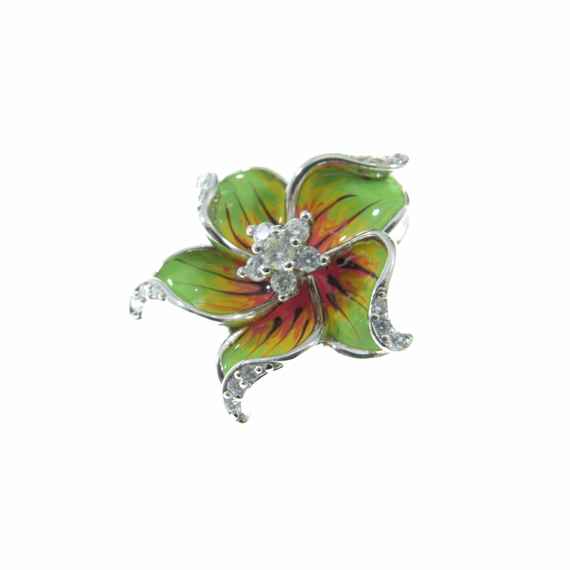 Solid 925 Sterling Silver & Enamel Hibiscus Flower Slide Pendant, Colorful Green Yellow and Red Charm, Handcrafted Floral Jewelry with CZs