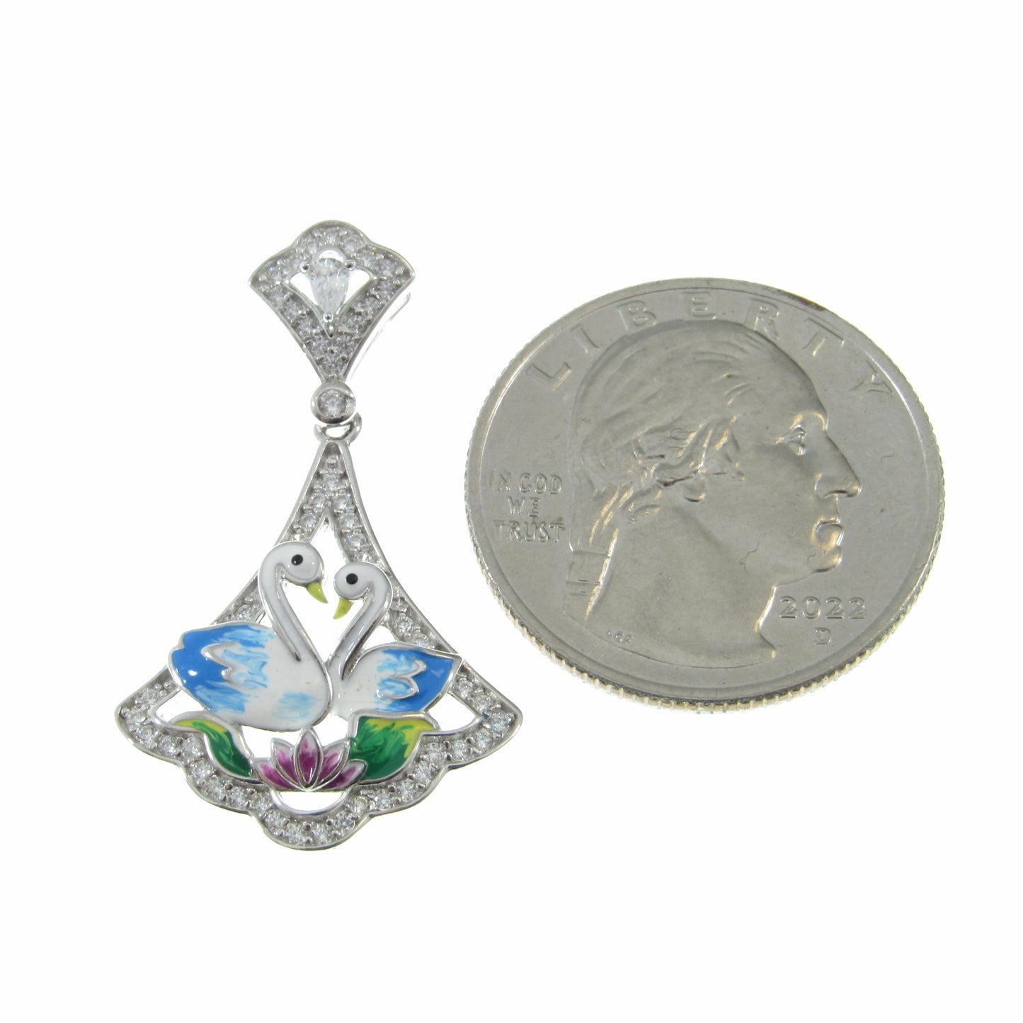 Solid 925 Sterling Silver Swan Pendant, Blue & White Enamel Swans and Flower Scene, Handcrafted Art Deco Charm, Vintage Style Summer Jewelry