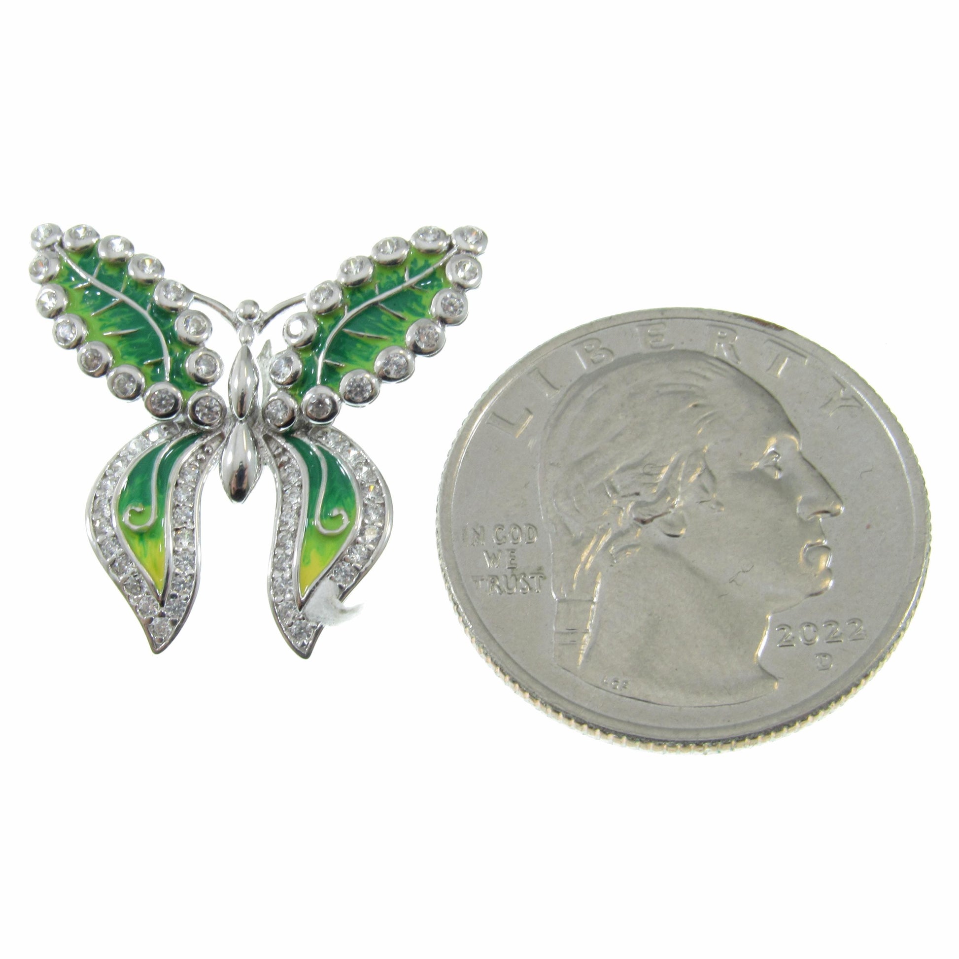 Solid 925 Sterling Silver and Green Enamel Butterfly Pendant - Green & Clear CZ Accents - Nature Inspired Insect Jewelry - Gift for Her