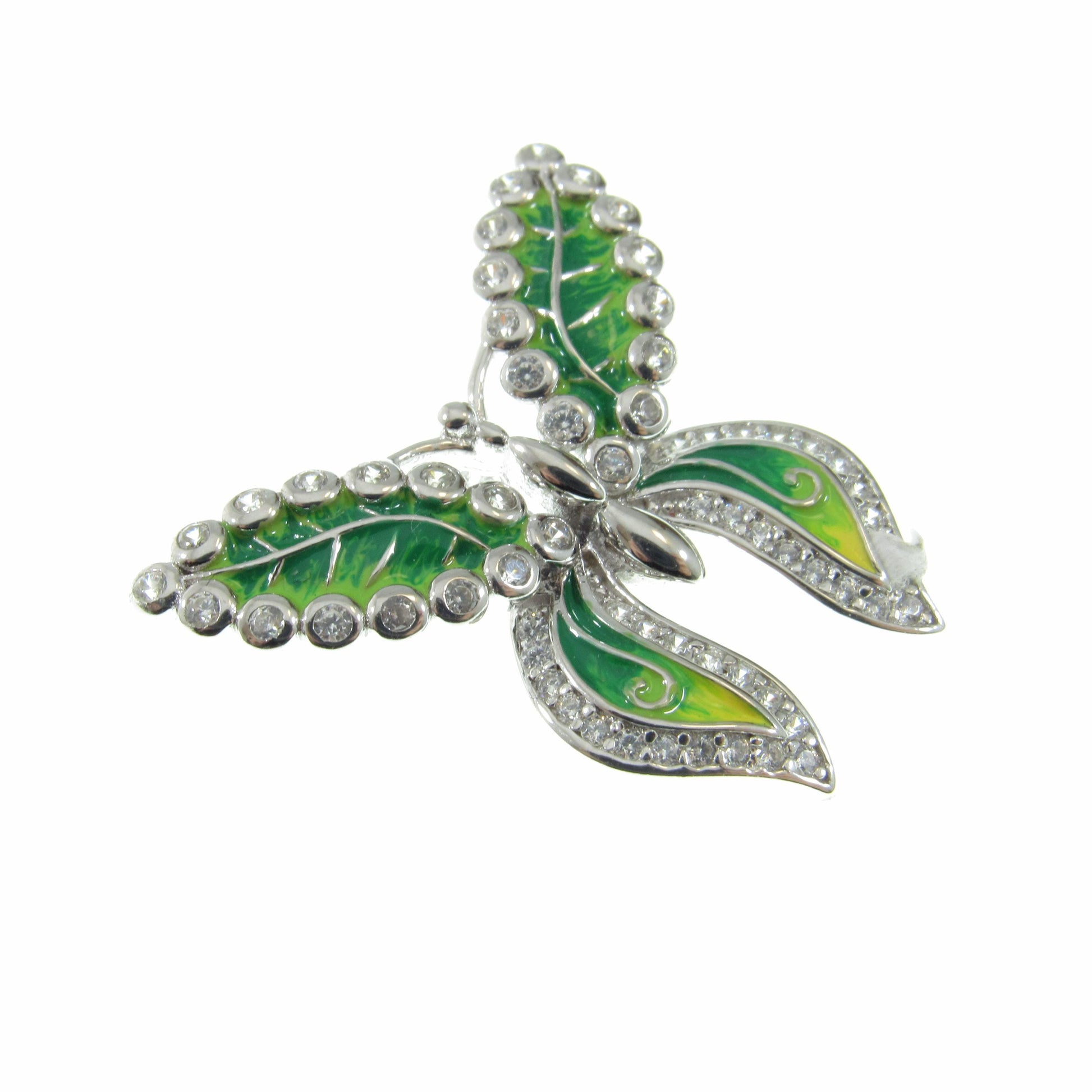 Solid 925 Sterling Silver and Green Enamel Butterfly Pendant - Green & Clear CZ Accents - Nature Inspired Insect Jewelry - Gift for Her