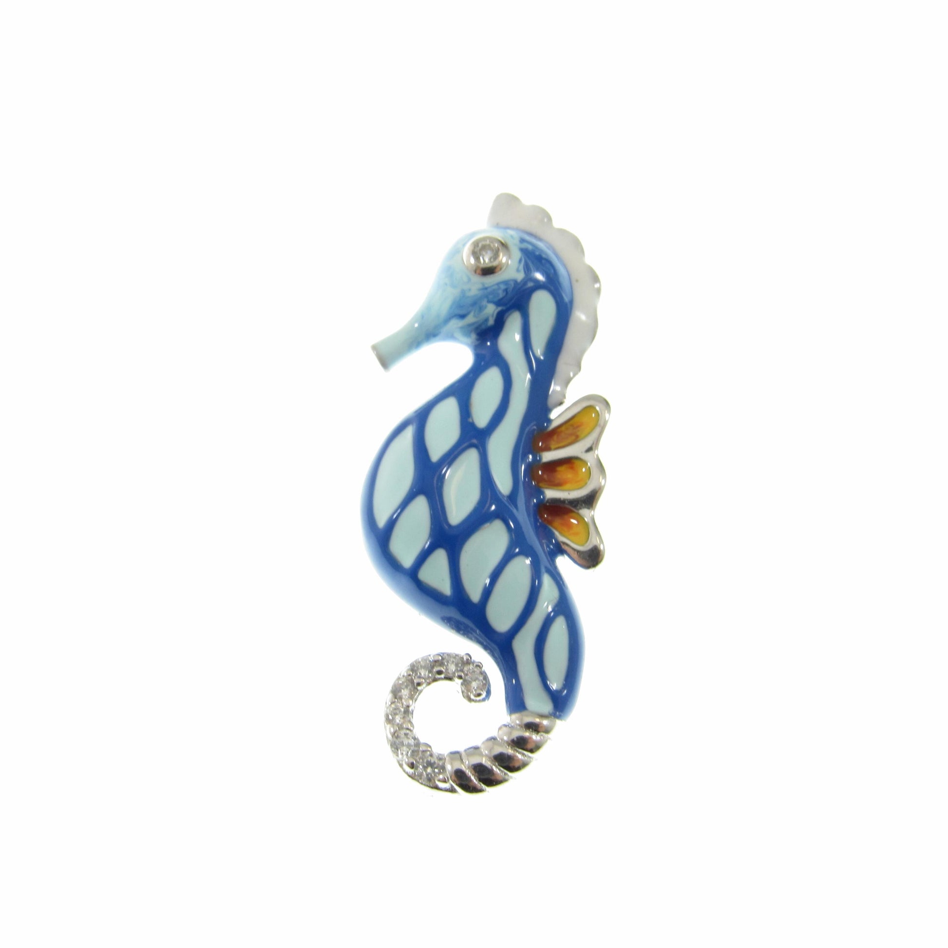 Solid 925 Sterling Silver & Enamel Seahorse Slide Pendant, Blue and White Sea Horse, Handcrafted Sea Lion Charm, Ornate Art Deco Jewelry