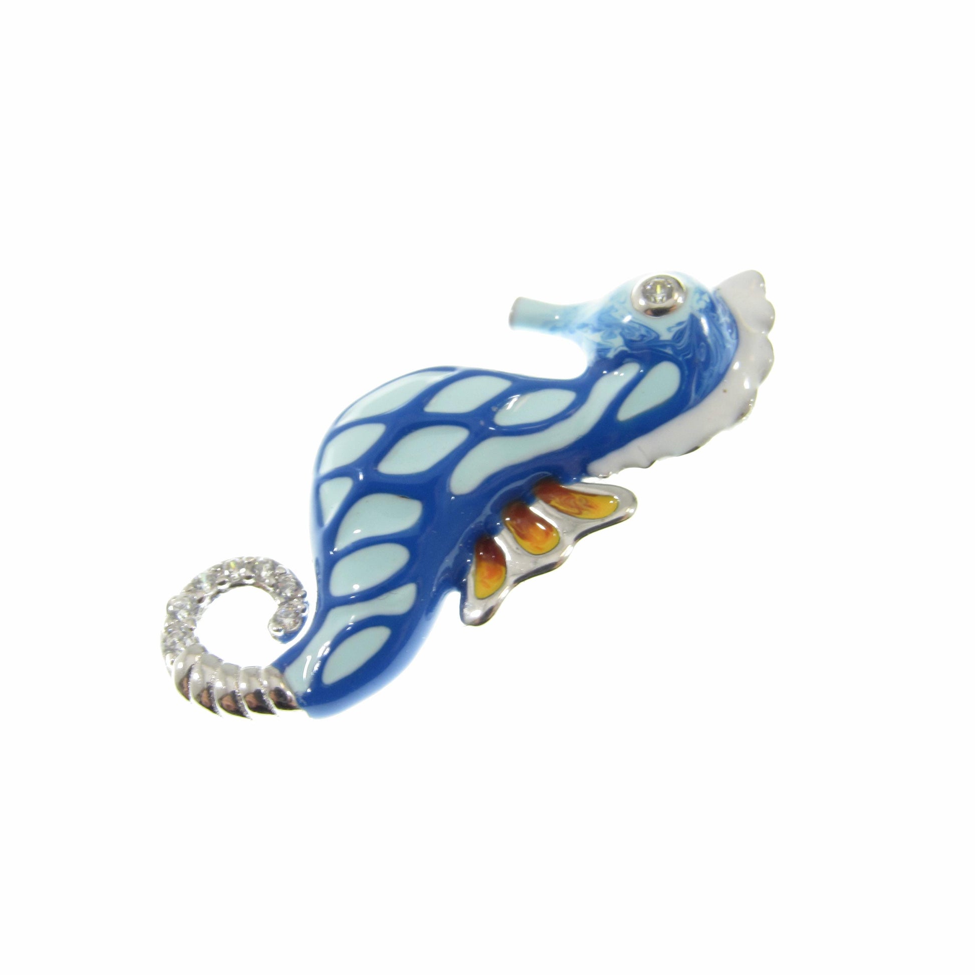 Solid 925 Sterling Silver & Enamel Seahorse Slide Pendant, Blue and White Sea Horse, Handcrafted Sea Lion Charm, Ornate Art Deco Jewelry