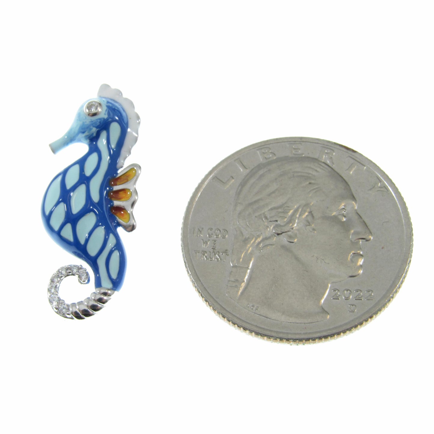 Solid 925 Sterling Silver & Enamel Seahorse Slide Pendant, Blue and White Sea Horse, Handcrafted Sea Lion Charm, Ornate Art Deco Jewelry