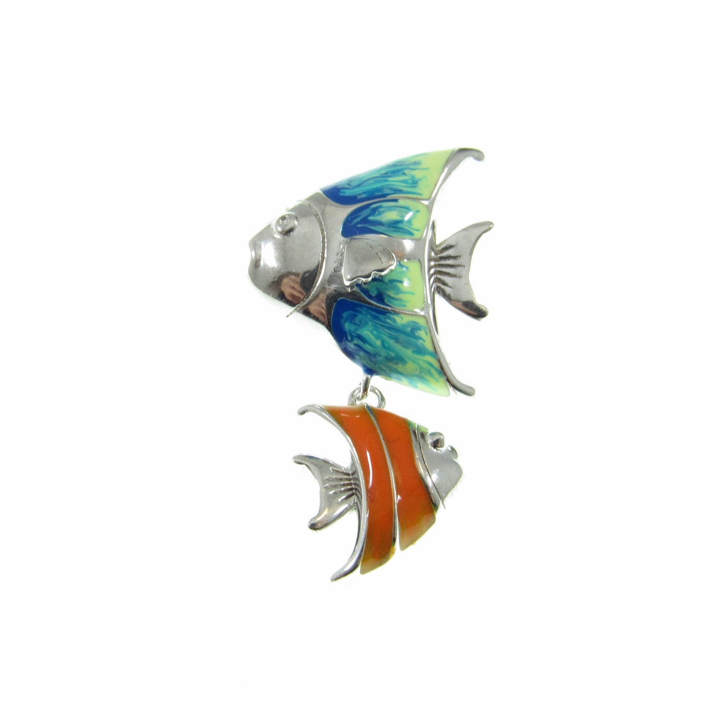 Solid 925 Sterling Silver & Enamel Fish Pendant, Blue and Orange Fishes Slide Charm, Handcrafted Women's Ornate Art Deco Jewelry for Her