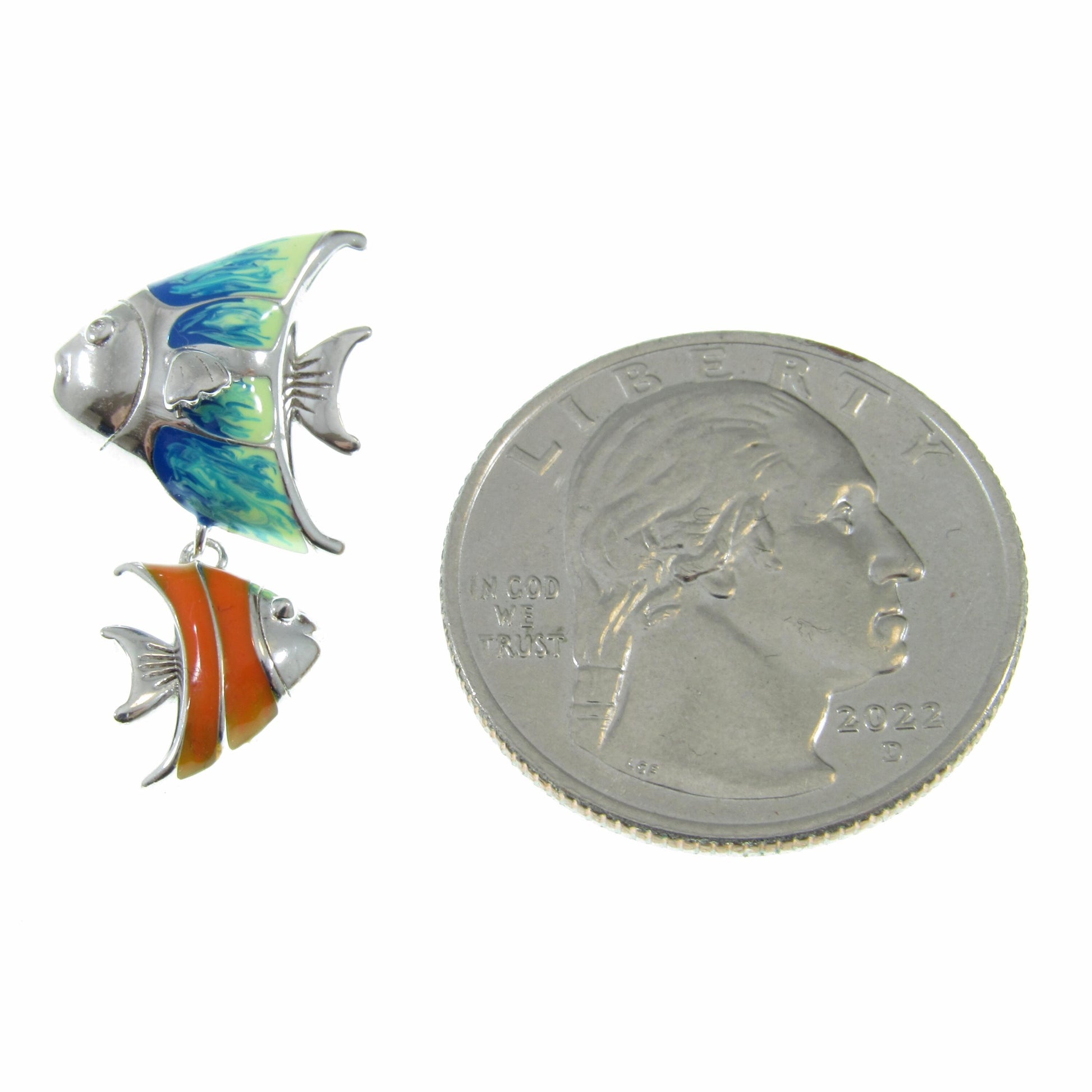 Solid 925 Sterling Silver & Enamel Fish Pendant, Blue and Orange Fishes Slide Charm, Handcrafted Women's Ornate Art Deco Jewelry for Her