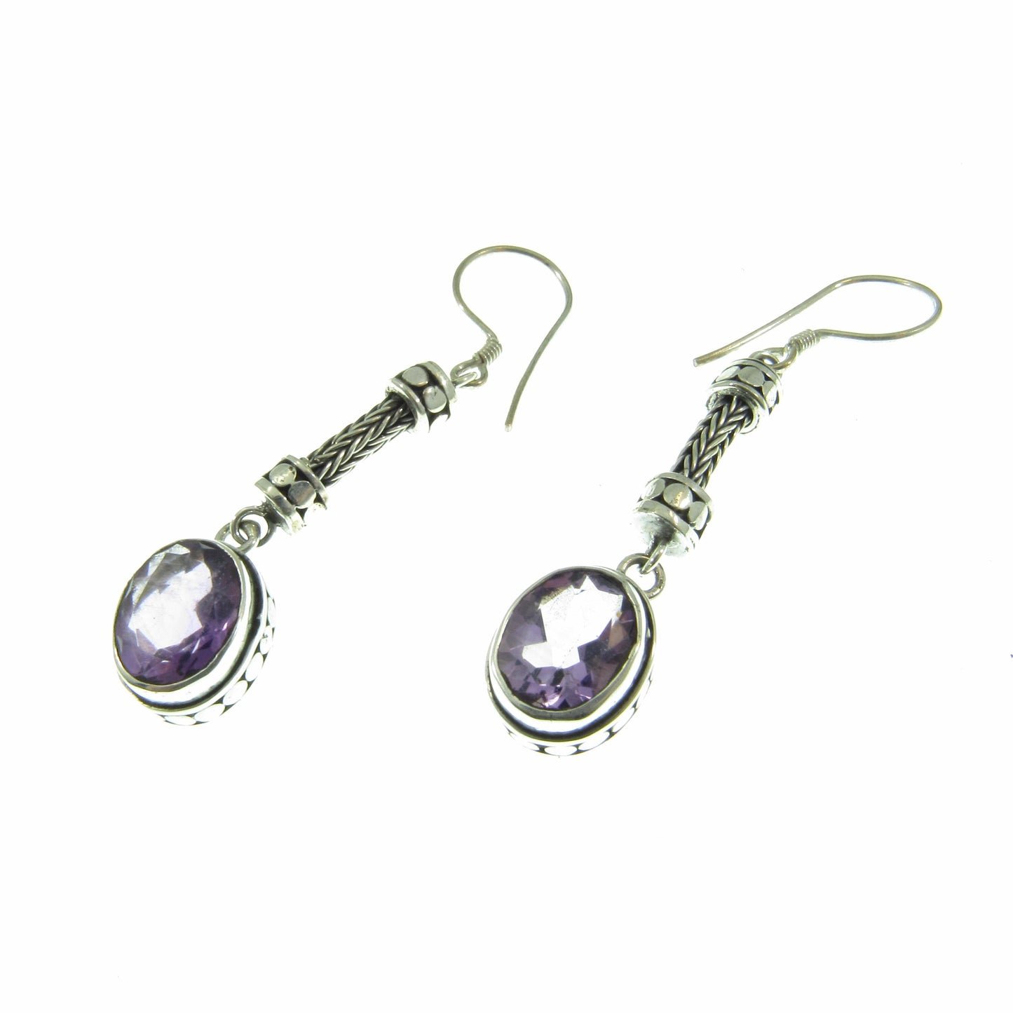 Solid 925 Sterling Silver Tribal Balinese Earrings, Handcrafted Foxtail Faceted Oval Amethyst Drop Dangle Hook Earrings, Made in Bali