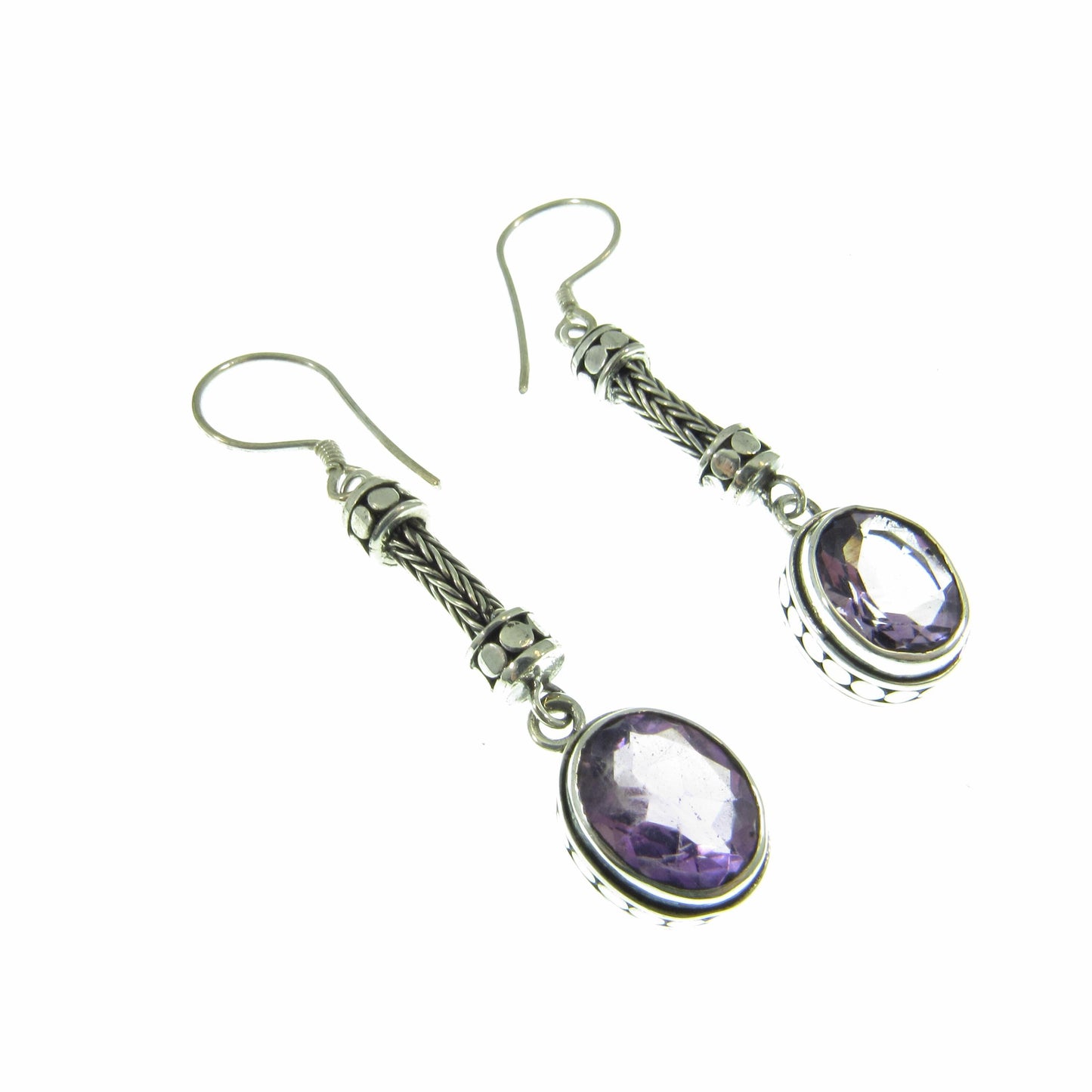 Solid 925 Sterling Silver Tribal Balinese Earrings, Handcrafted Foxtail Faceted Oval Amethyst Drop Dangle Hook Earrings, Made in Bali