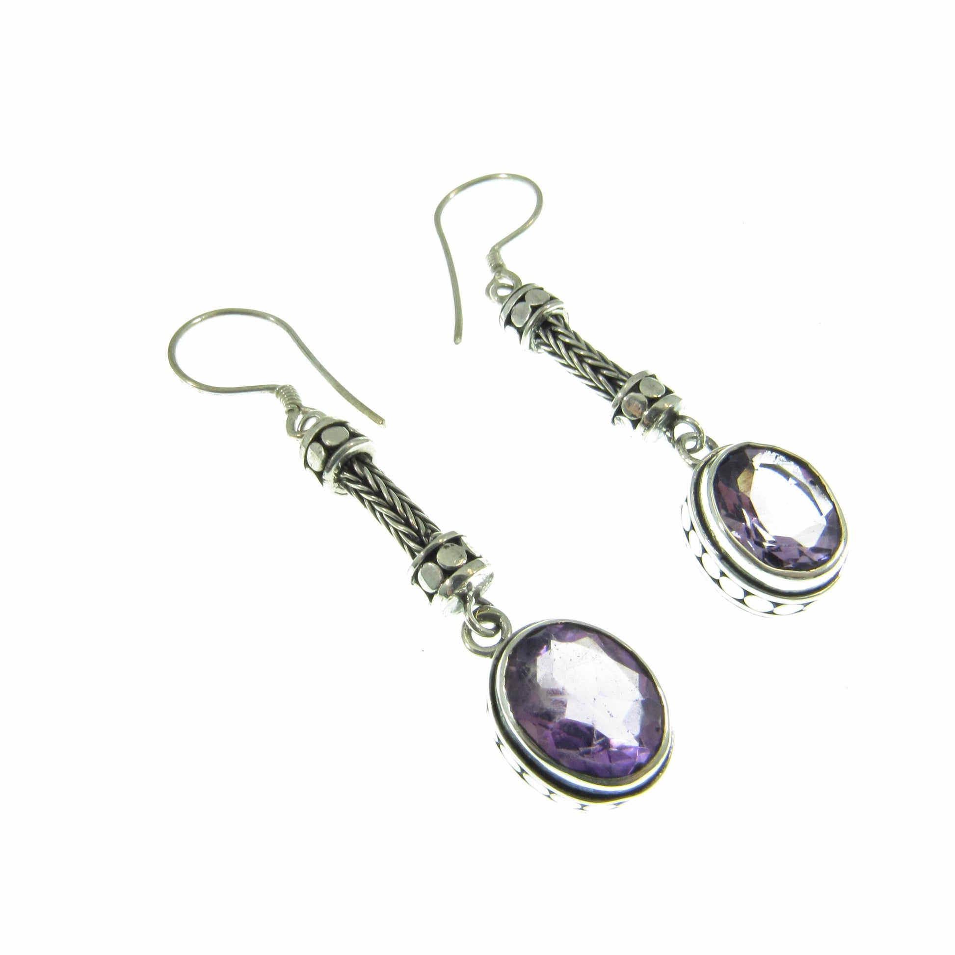 Solid 925 Sterling Silver Tribal Balinese Earrings, Handcrafted Foxtail Faceted Oval Amethyst Drop Dangle Hook Earrings, Made in Bali