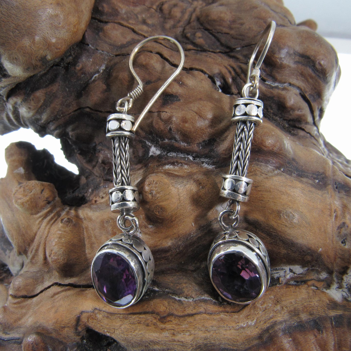 Solid 925 Sterling Silver Tribal Balinese Earrings, Handcrafted Foxtail Faceted Oval Amethyst Drop Dangle Hook Earrings, Made in Bali