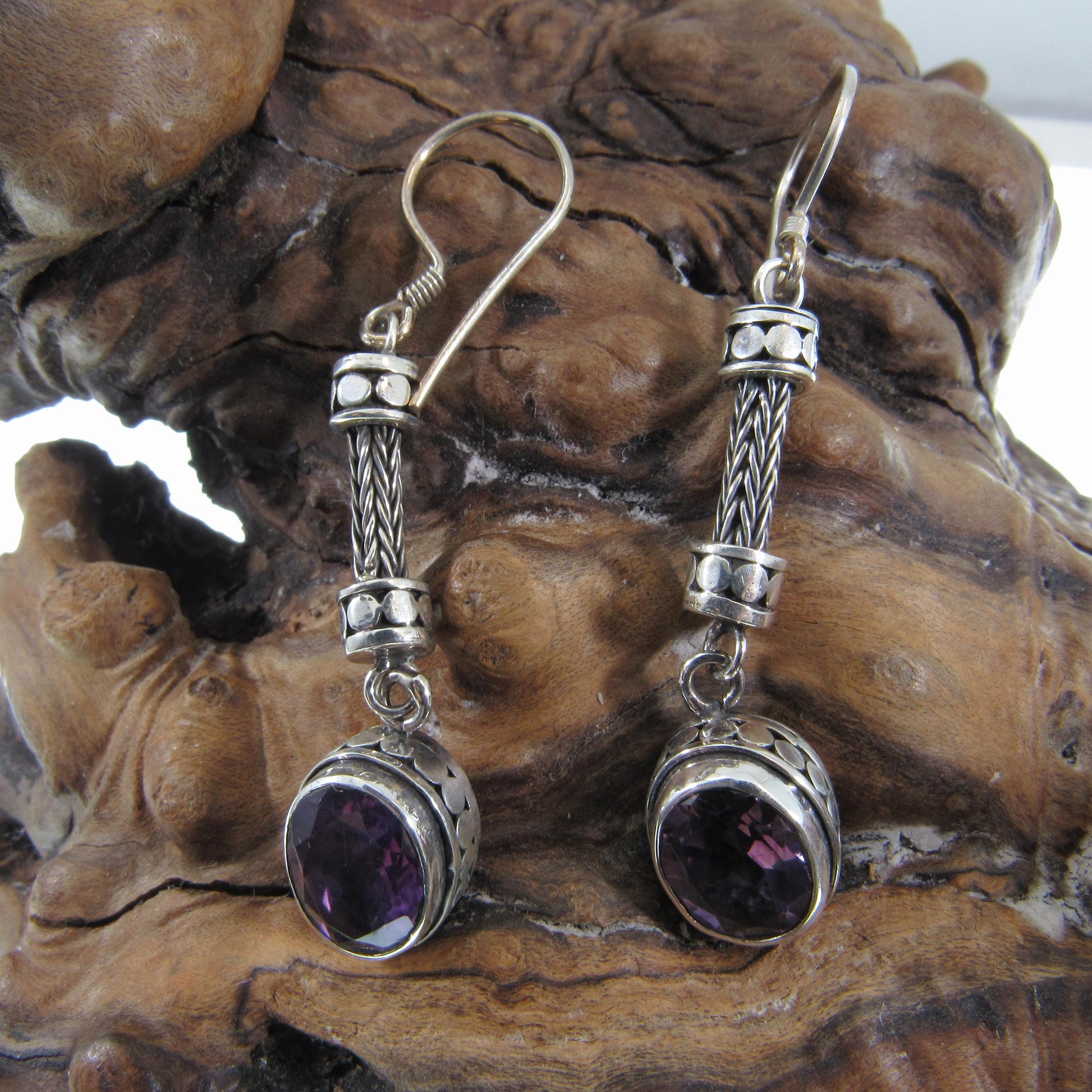 Solid 925 Sterling Silver Tribal Balinese Earrings, Handcrafted Foxtail Faceted Oval Amethyst Drop Dangle Hook Earrings, Made in Bali