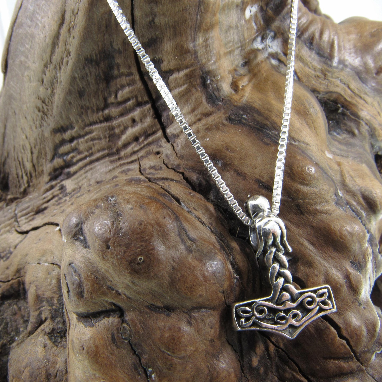 Solid 925 Sterling Silver Viking Thor's Hammer Necklace, Fenrir Wolf Slide Pendant, Celtic Jewelry with Solid Silver 1.1mm Box Chain, Unisex