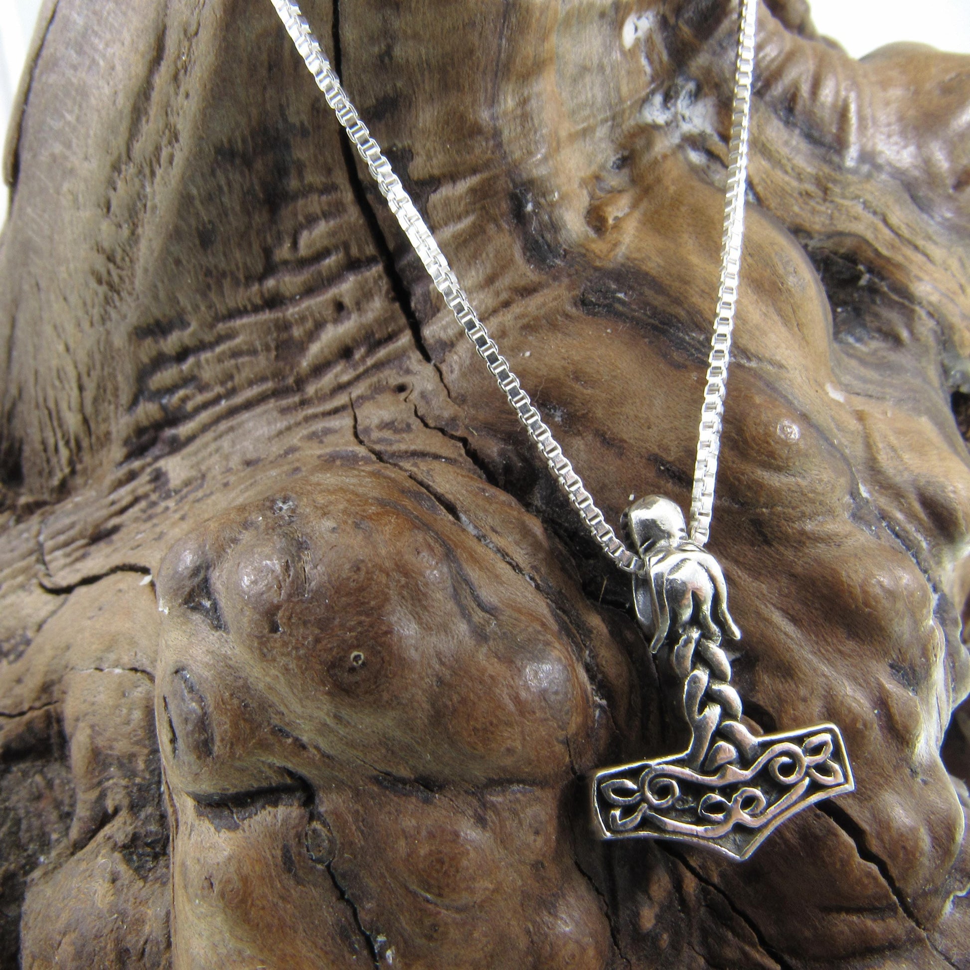 Solid 925 Sterling Silver Viking Thor's Hammer Necklace, Fenrir Wolf Slide Pendant, Celtic Jewelry with Solid Silver 1.1mm Box Chain, Unisex
