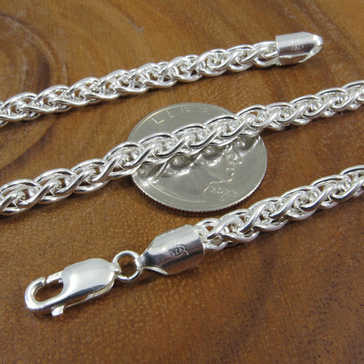 5.5MM Solid 925 Sterling Silver Wheat Chain for Men, Italian Spiga Necklace, Men's Necklace Chain, Made in Italy Wheat 120 Gauge