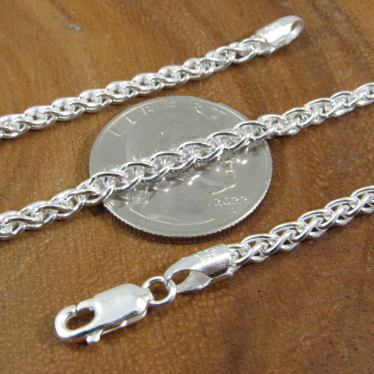 3.5MM Solid 925 Sterling Silver Wheat Chain for Men & Women, Italian Spiga Necklace, Bracelet or Necklace Chain, Made in Italy, 080 Gauge