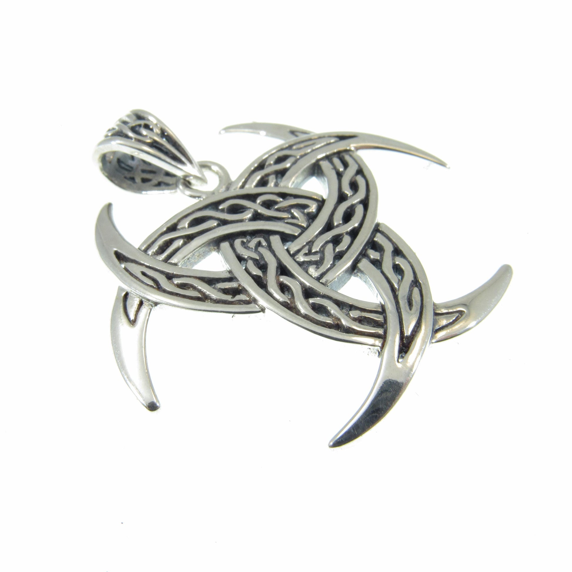 Solid 925 Sterling Silver Celtic Trinity Moons Pendant, Celtic Knots on Triple Crescent Moon Amulet, Viking Shield Jewelry