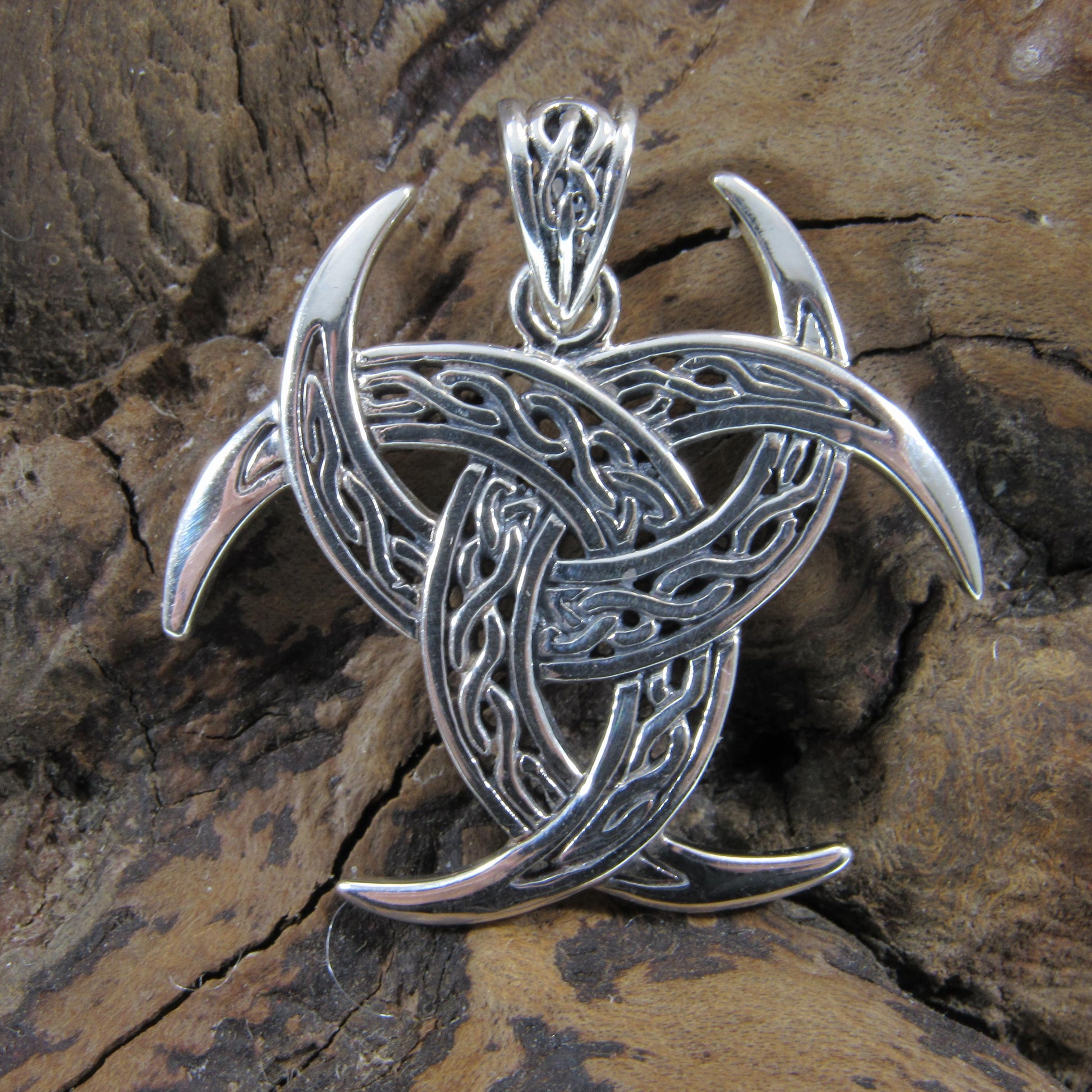 Solid 925 Sterling Silver Celtic Trinity Moons Pendant, Celtic Knots on Triple Crescent Moon Amulet, Viking Shield Jewelry