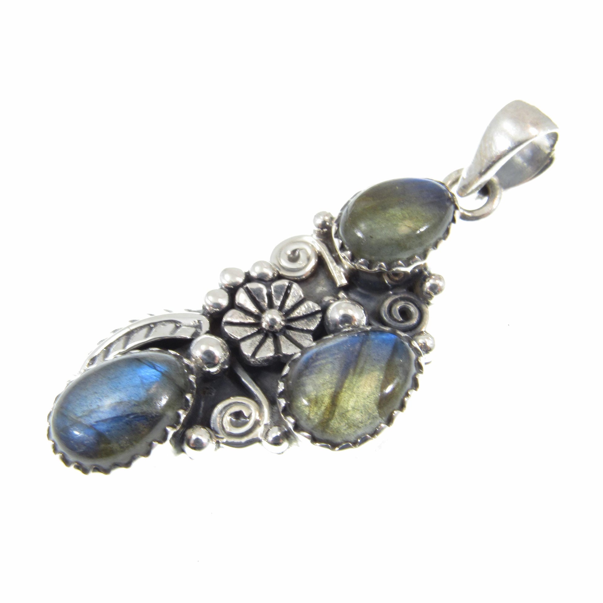 Solid 925 Sterling Silver Flower Pendant With Oval Gemstone Cabochons: Labradorite, Moonstone, Turquoise, Spiny Oyster, Floral Jewelry