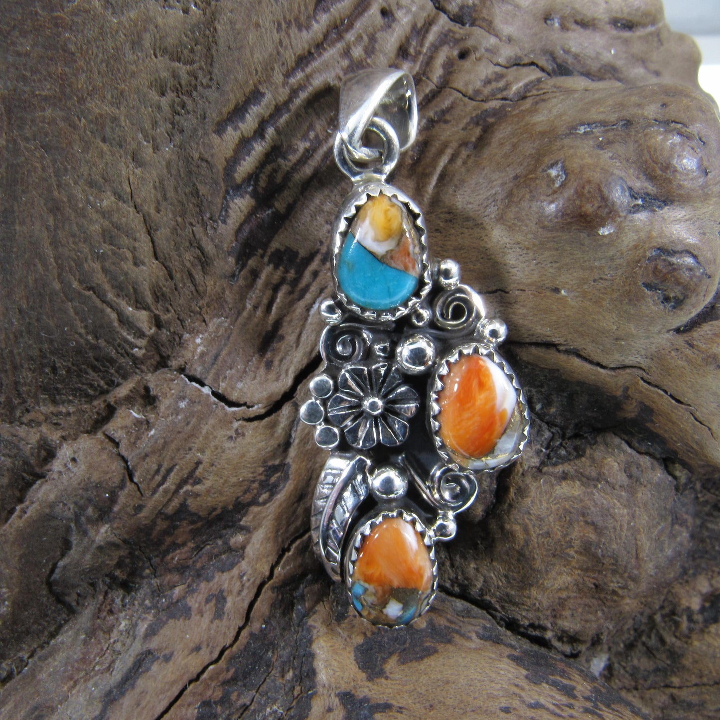 Solid 925 Sterling Silver Flower Pendant With Oval Gemstone Cabochons: Labradorite, Moonstone, Turquoise, Spiny Oyster, Floral Jewelry