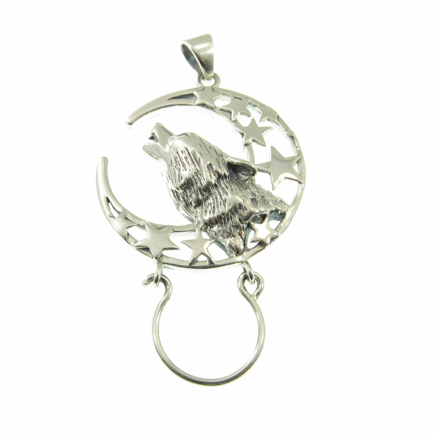 Solid 925 Sterling Silver Charm Holder Baying Wolf Pendant, Magical Pagan Symbol of Protection, Handcrafted Spirit Guide Animal Totem Hanger