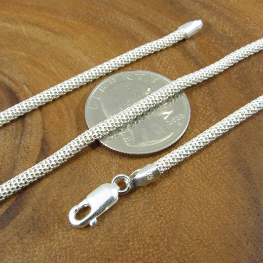 3MM Solid 925 Sterling Silver Popcorn Mesh Chain, Italian Women's Necklace, Made in Italy, Minimalist Feminine Style, Elegant Coreana Chain