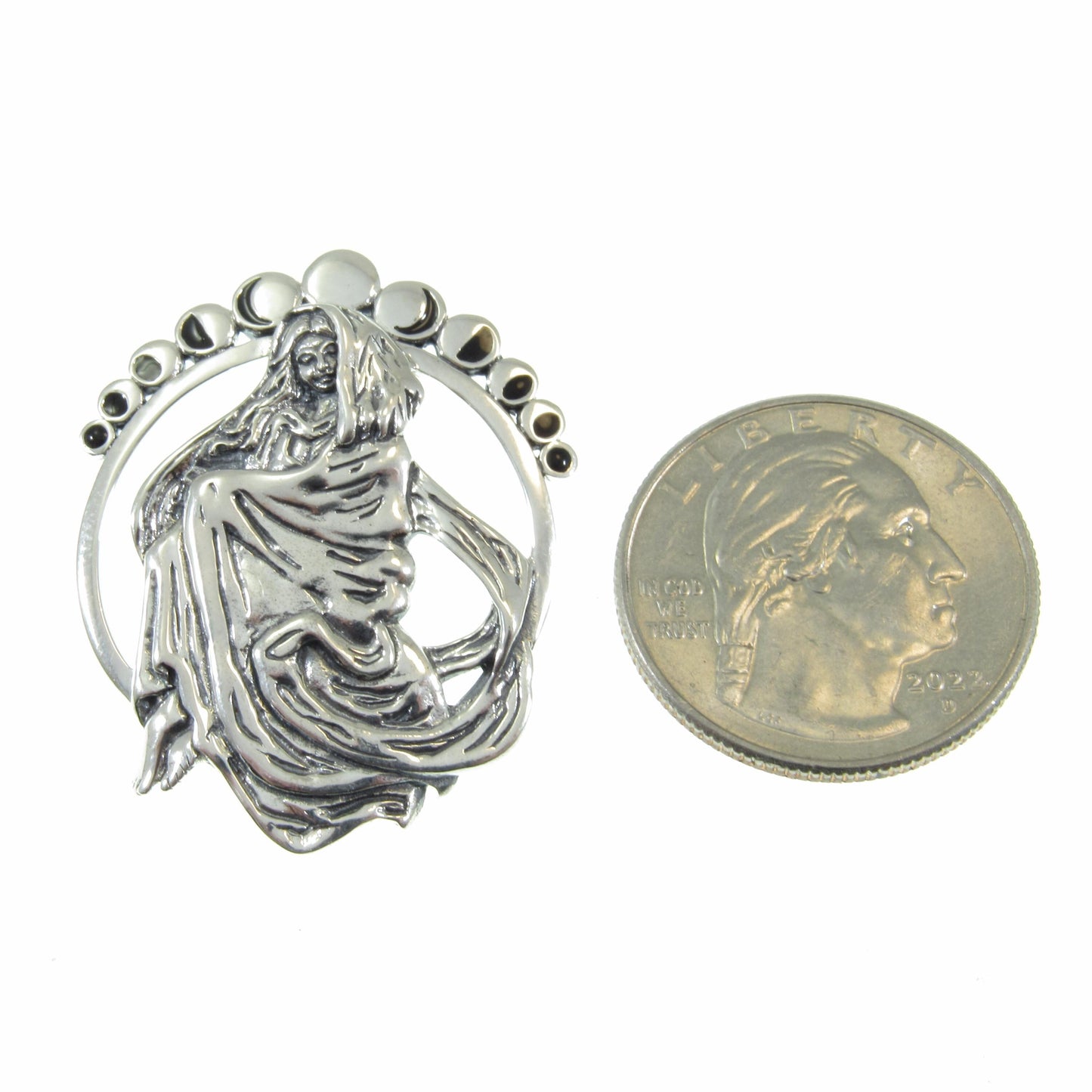 Solid 925 Sterling Silver Phases of the Moon Pendant by Mickie Mueller, Lunar Eclipse Goddess Amulet, Cycle of Life Astrology Jewelry