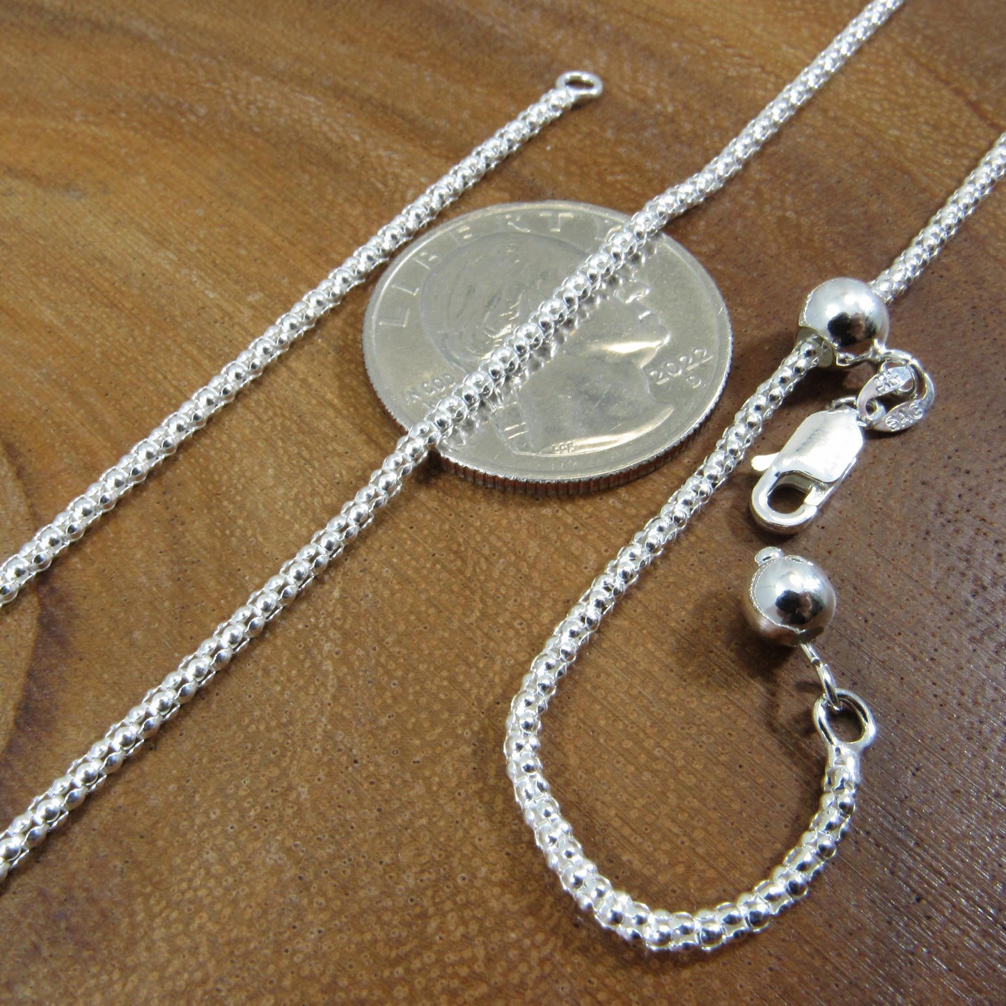 2MM Solid 925 Sterling Silver Adjustable Popcorn Chain, Slider Necklace for Pendants or Layering, Made in Italy, Minimalist 22" or 30" Chain