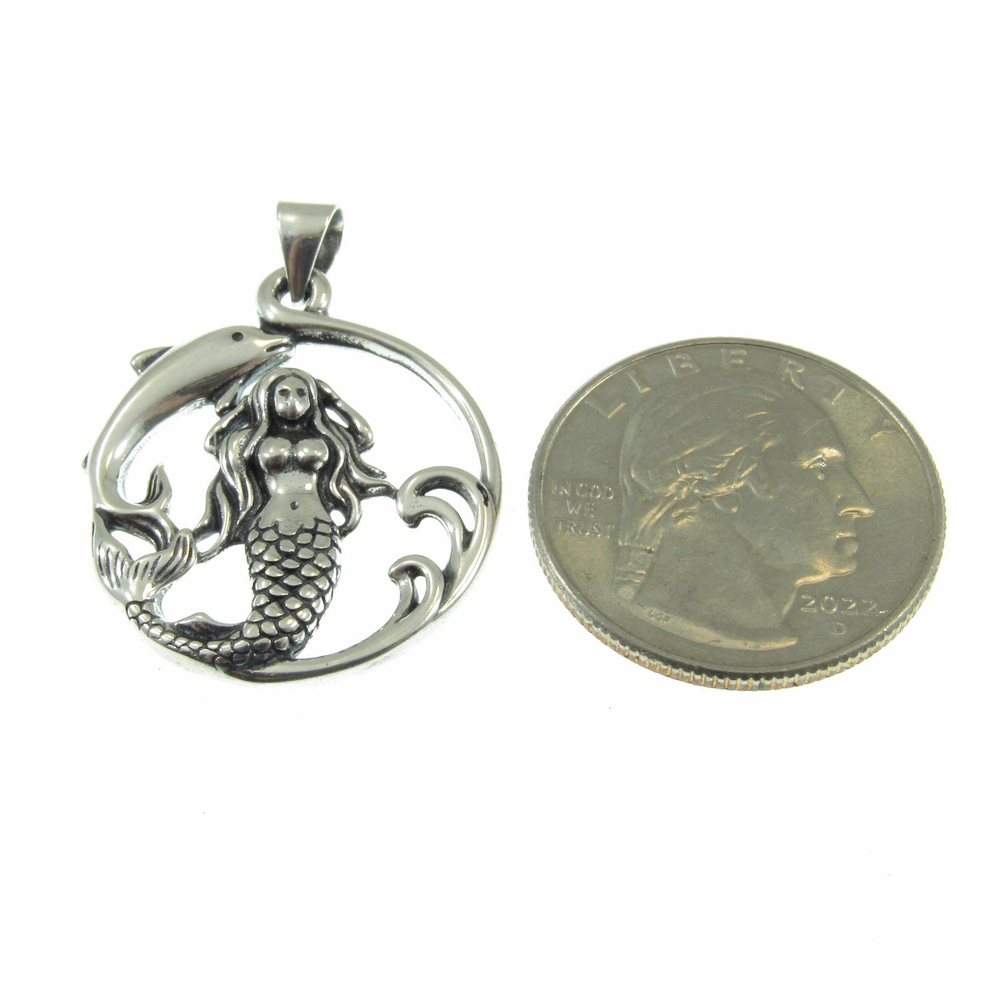 Solid 925 Sterling Silver Mermaid and Dolphin Pendant with Sea Waves, Handcrafted Nautical Charm, Ocean Life Jewelry, Marine Life Amulet