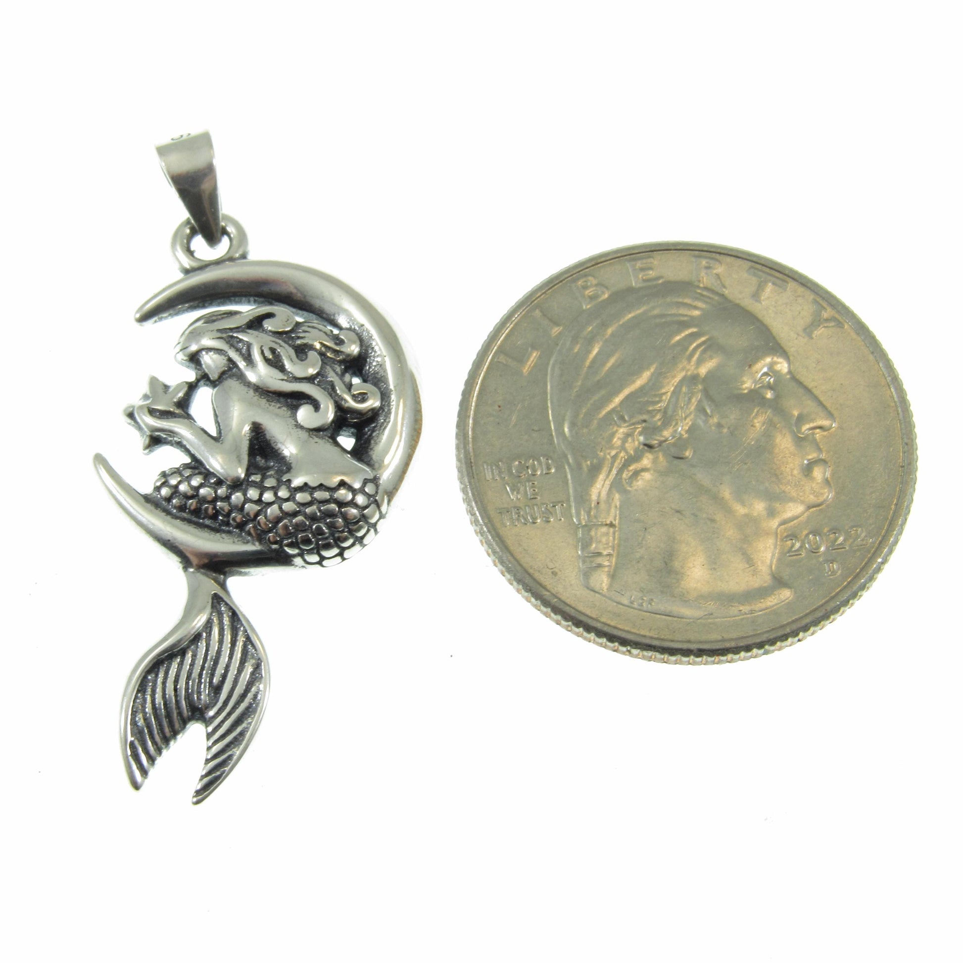 Solid 925 Sterling Silver Mermaid on Crescent Moon Pendant, Handcrafted Cosmic & Nautical Charm, Ocean Life Jewelry, Celestial Lunar Amulet