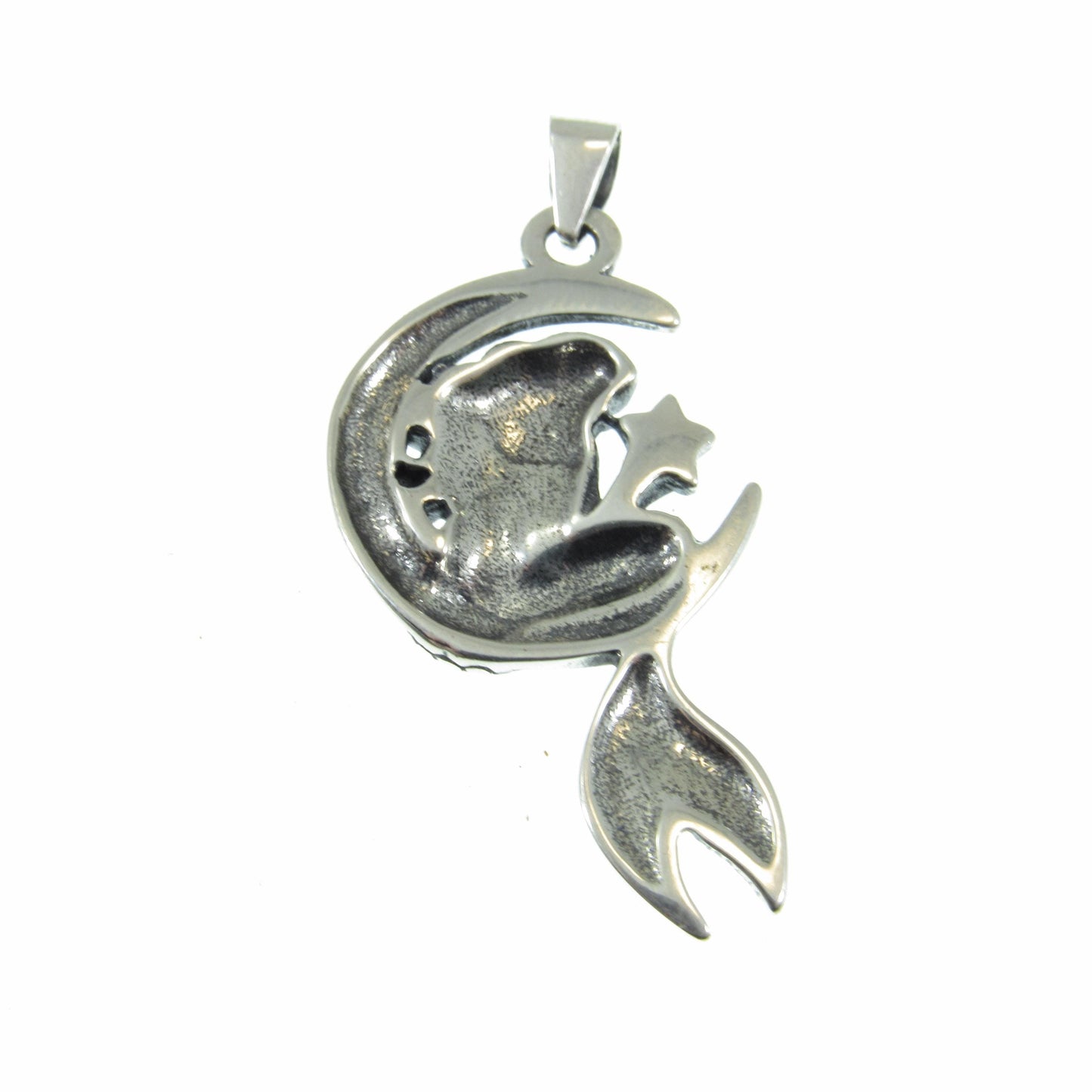 Solid 925 Sterling Silver Mermaid on Crescent Moon Pendant, Handcrafted Cosmic & Nautical Charm, Ocean Life Jewelry, Celestial Lunar Amulet
