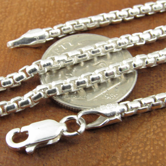 2.5MM Wide Solid 925 Sterling Silver Round Box Chain, Rounded Box Link Necklace, Unisex Italian Jewelry, All Sizes For Everyday Casual Wear