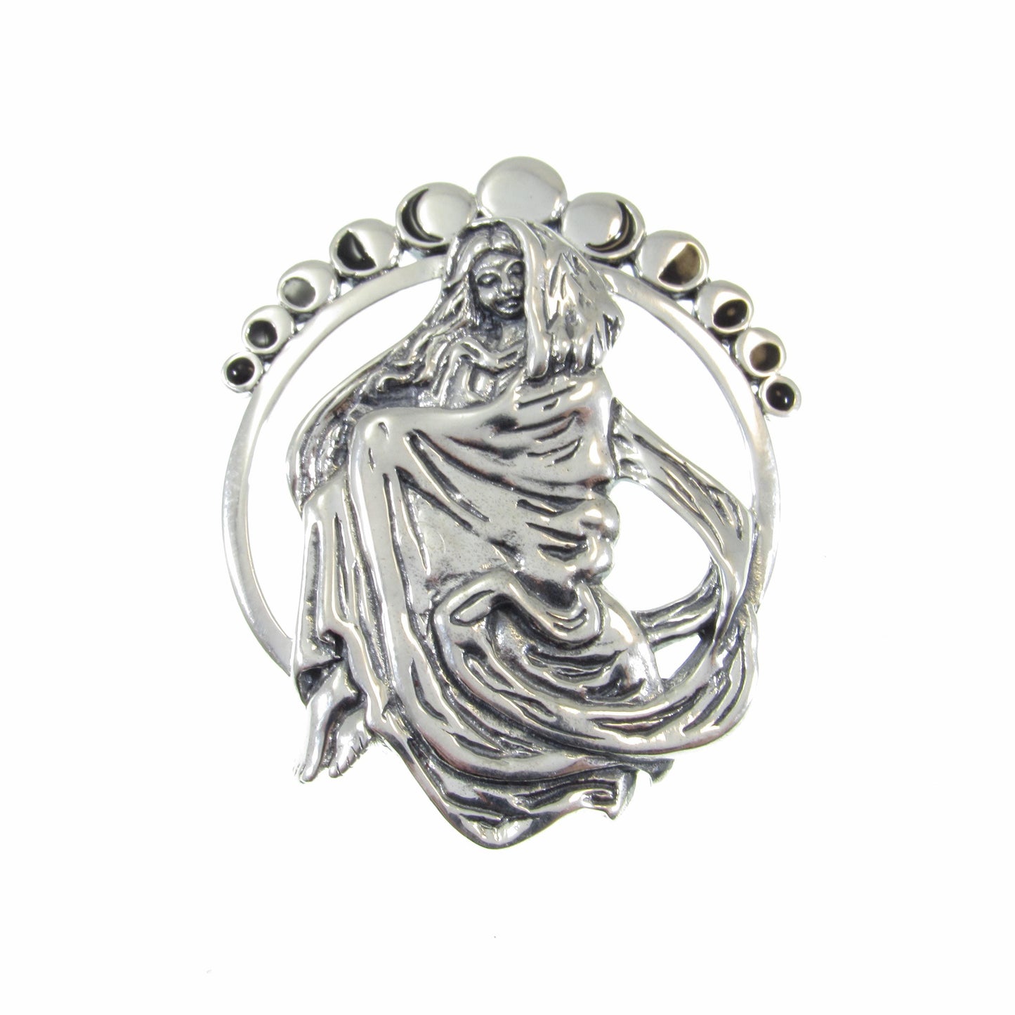 Solid 925 Sterling Silver Phases of the Moon Pendant by Mickie Mueller, Lunar Eclipse Goddess Amulet, Cycle of Life Astrology Jewelry