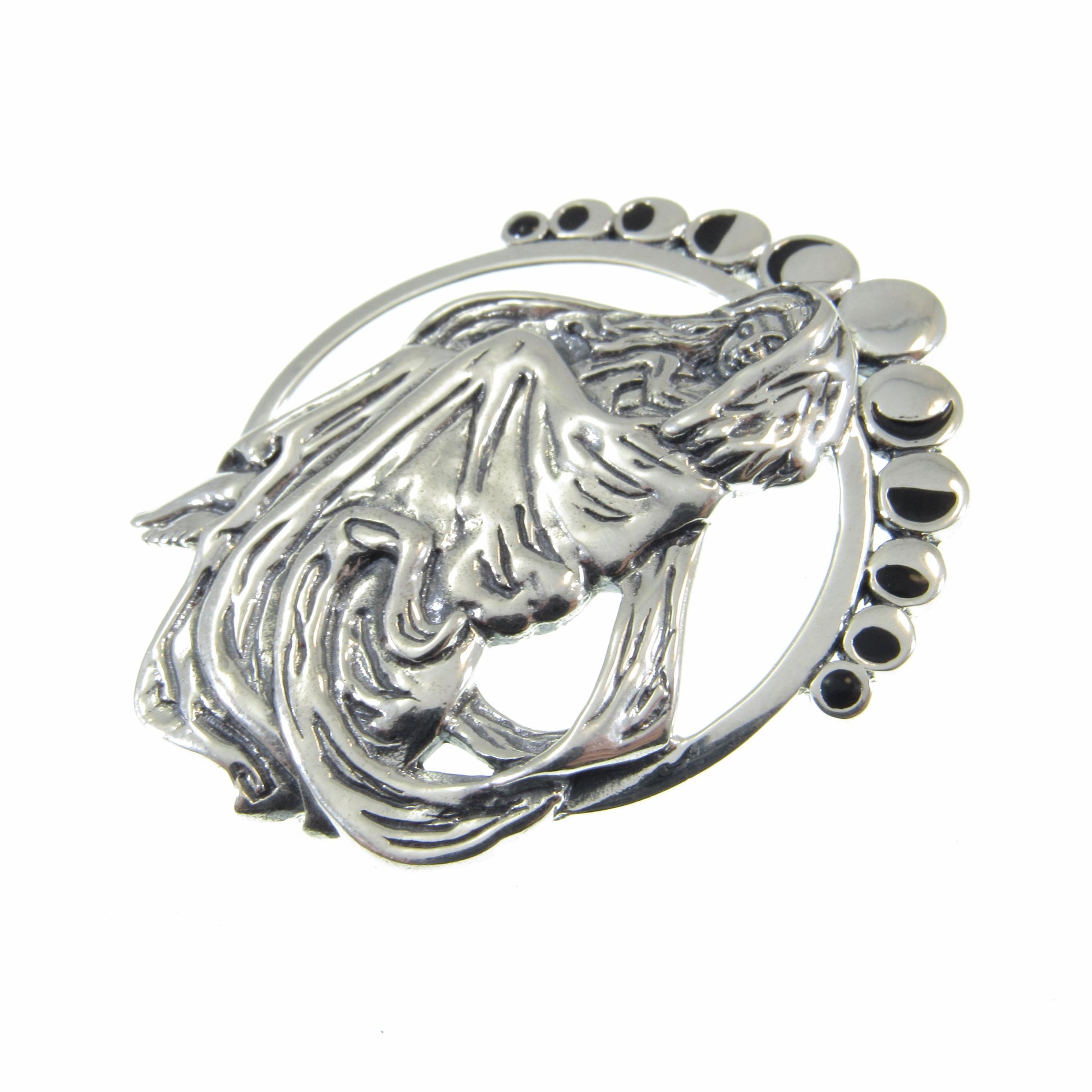 Solid 925 Sterling Silver Phases of the Moon Pendant by Mickie Mueller, Lunar Eclipse Goddess Amulet, Cycle of Life Astrology Jewelry