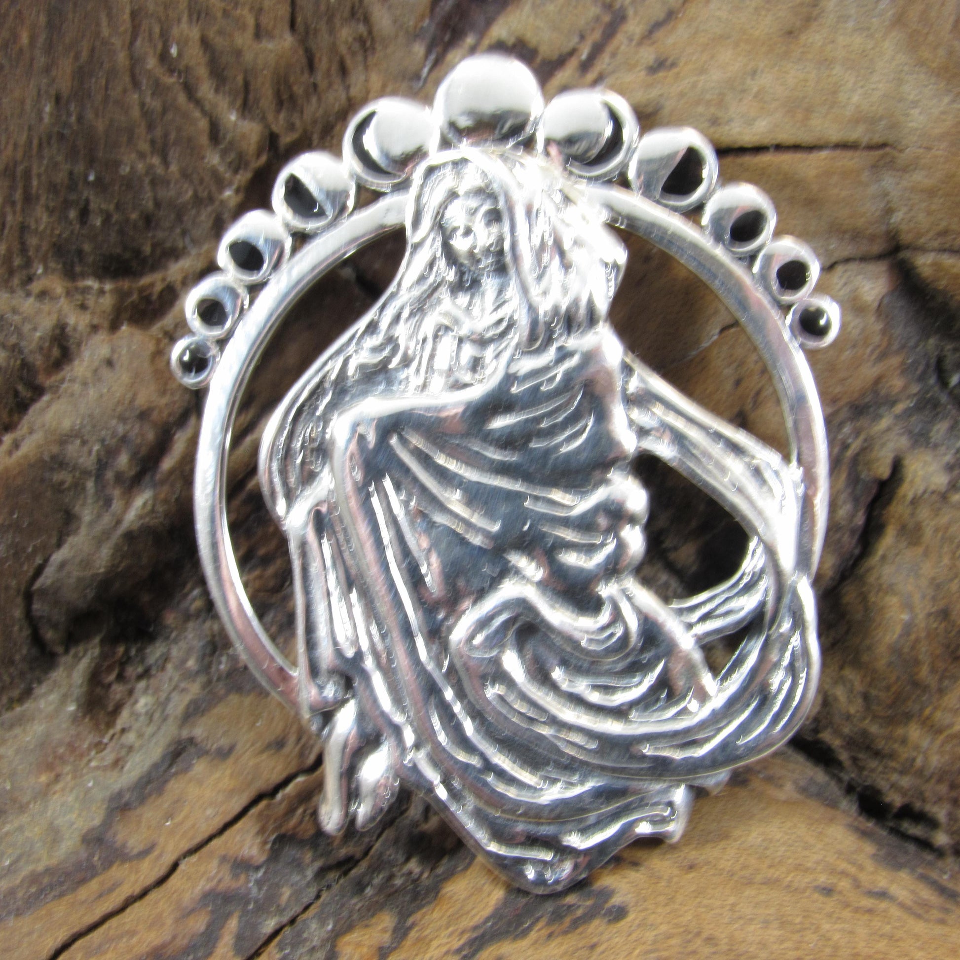 Solid 925 Sterling Silver Phases of the Moon Pendant by Mickie Mueller, Lunar Eclipse Goddess Amulet, Cycle of Life Astrology Jewelry