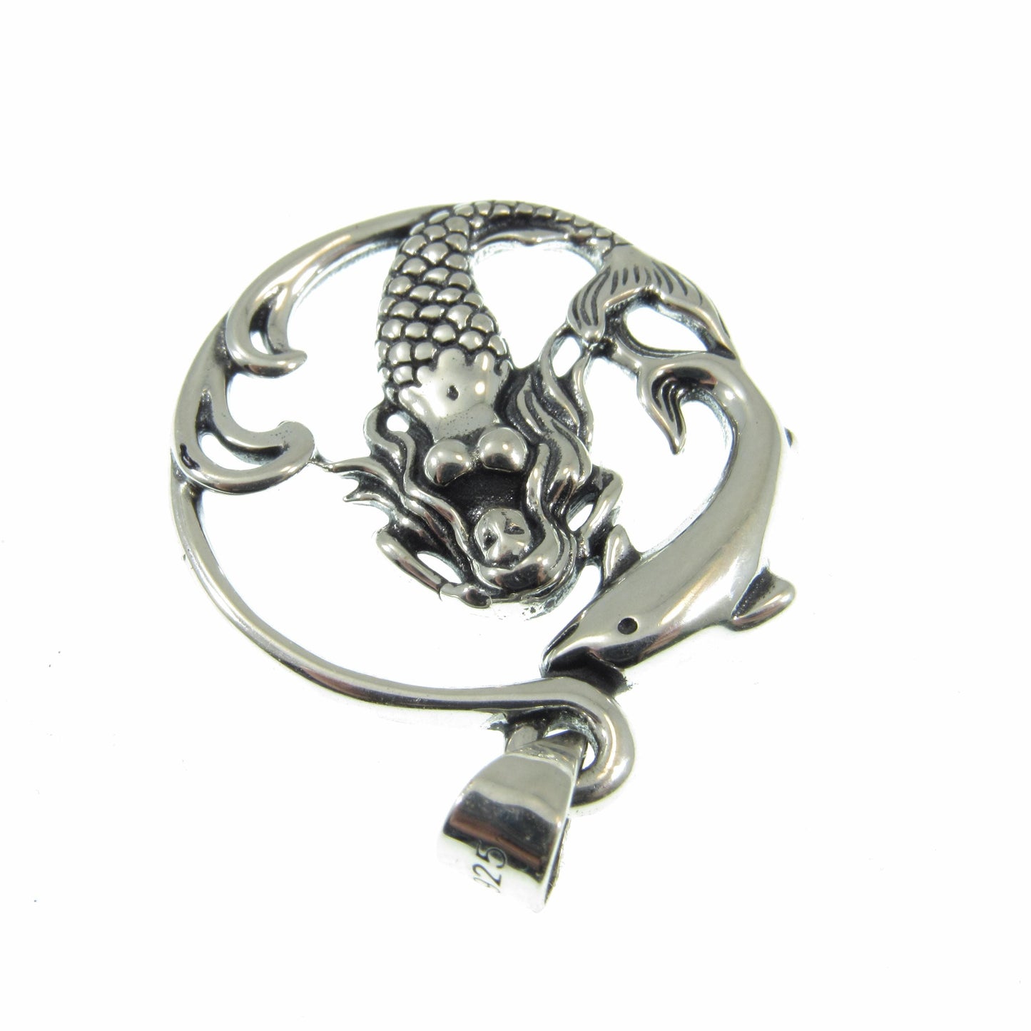 Solid 925 Sterling Silver Mermaid and Dolphin Pendant with Sea Waves, Handcrafted Nautical Charm, Ocean Life Jewelry, Marine Life Amulet