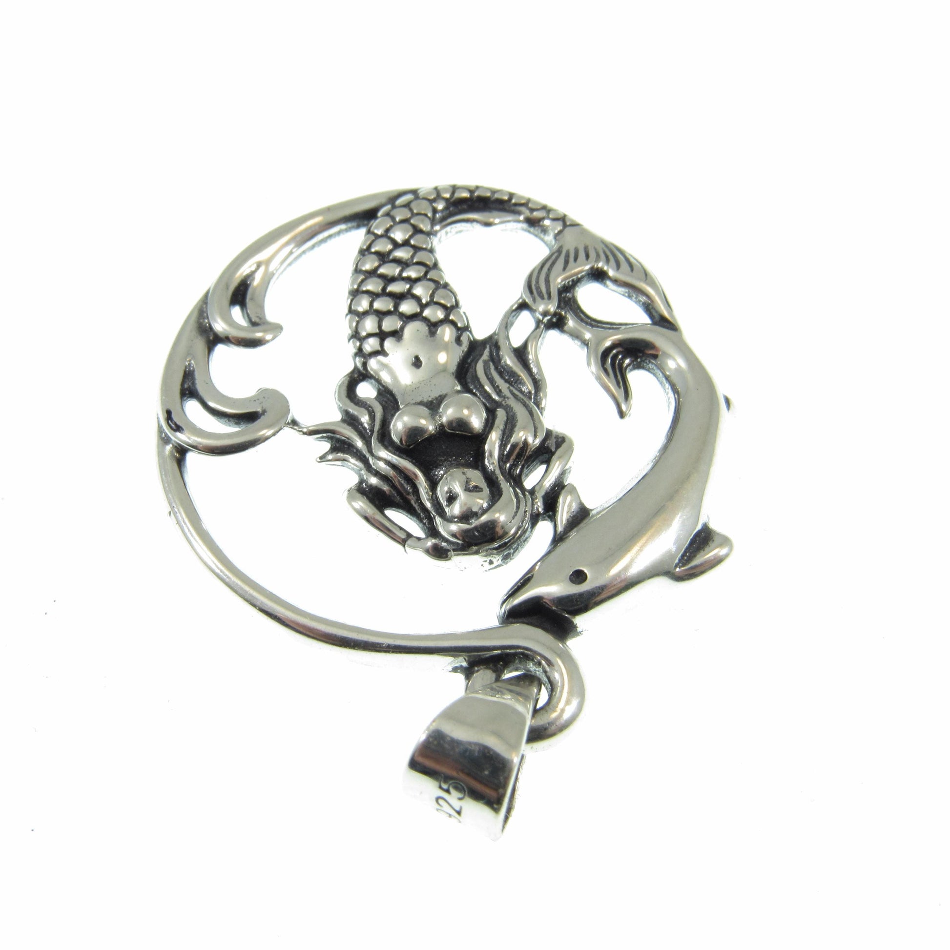 Solid 925 Sterling Silver Mermaid and Dolphin Pendant with Sea Waves, Handcrafted Nautical Charm, Ocean Life Jewelry, Marine Life Amulet