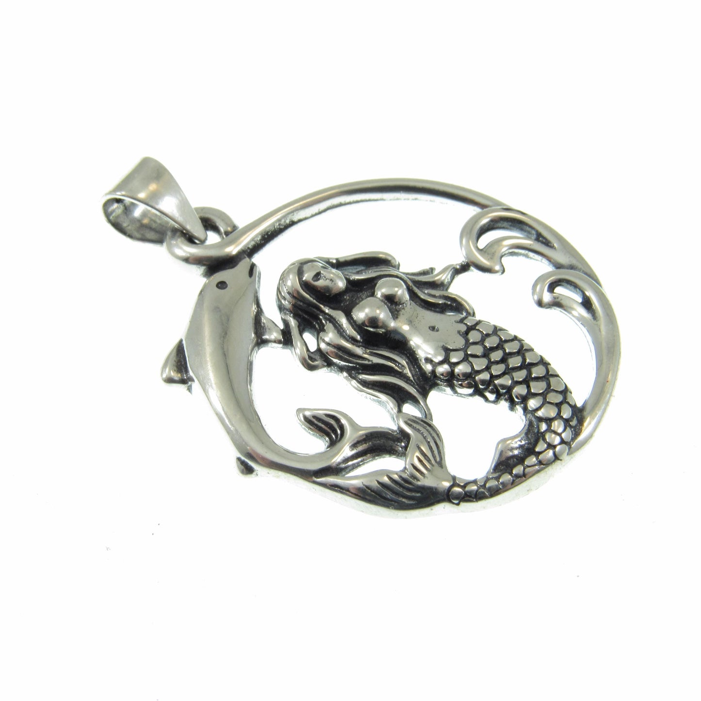 Solid 925 Sterling Silver Mermaid and Dolphin Pendant with Sea Waves, Handcrafted Nautical Charm, Ocean Life Jewelry, Marine Life Amulet