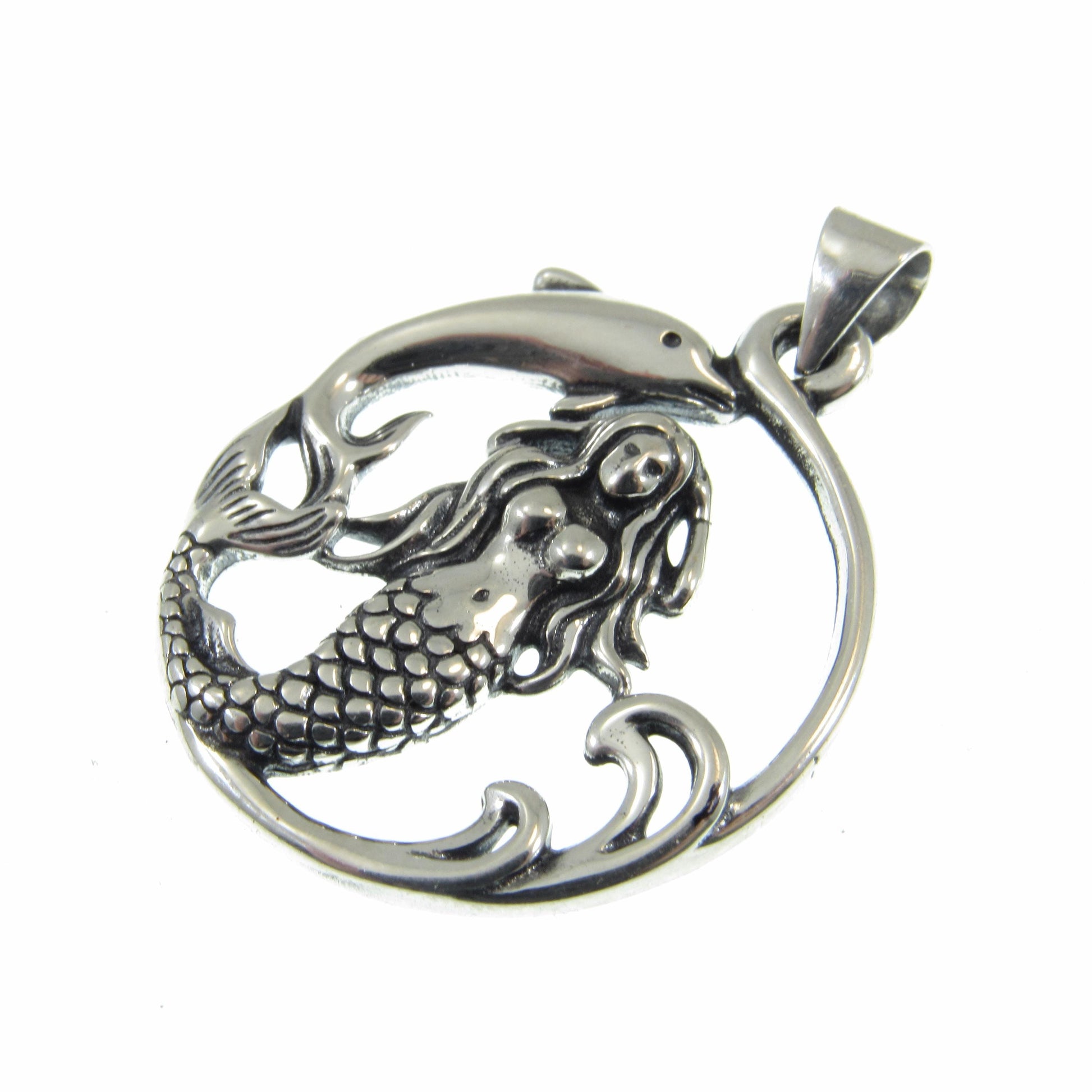 Solid 925 Sterling Silver Mermaid and Dolphin Pendant with Sea Waves, Handcrafted Nautical Charm, Ocean Life Jewelry, Marine Life Amulet