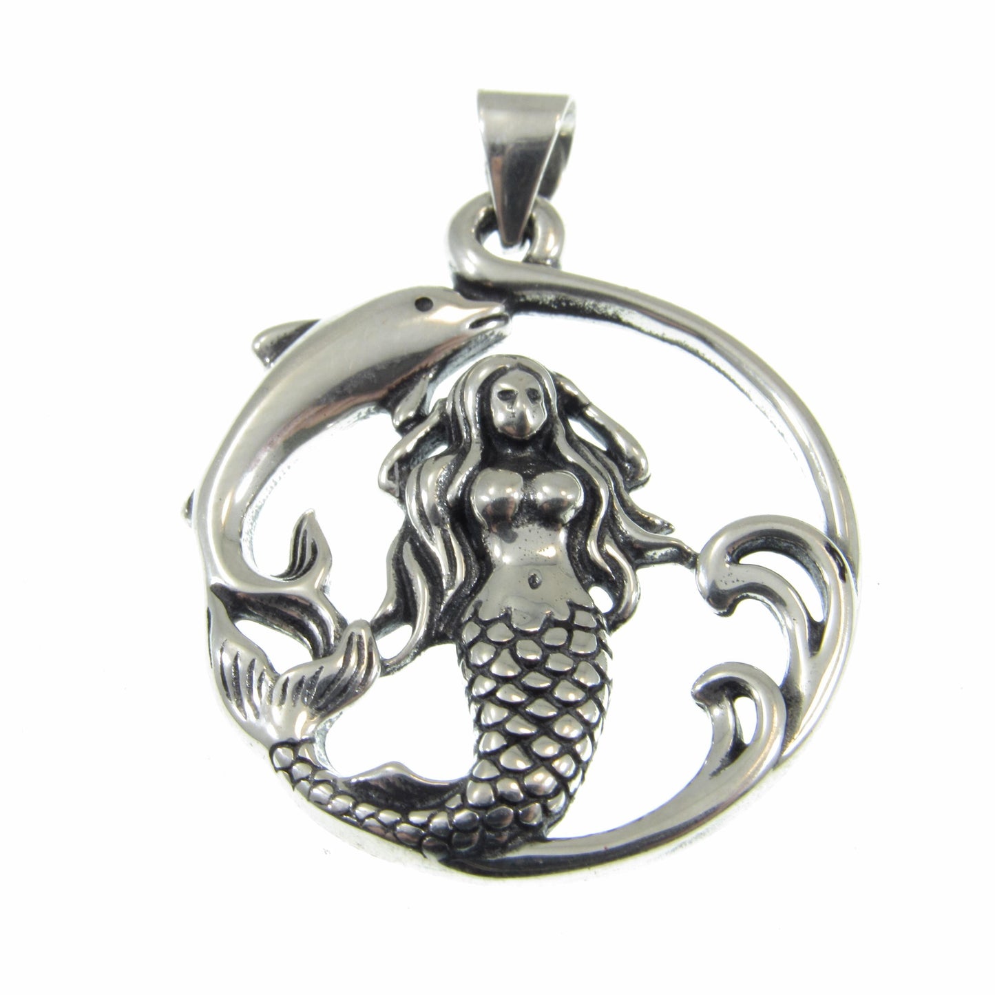 Solid 925 Sterling Silver Mermaid and Dolphin Pendant with Sea Waves, Handcrafted Nautical Charm, Ocean Life Jewelry, Marine Life Amulet