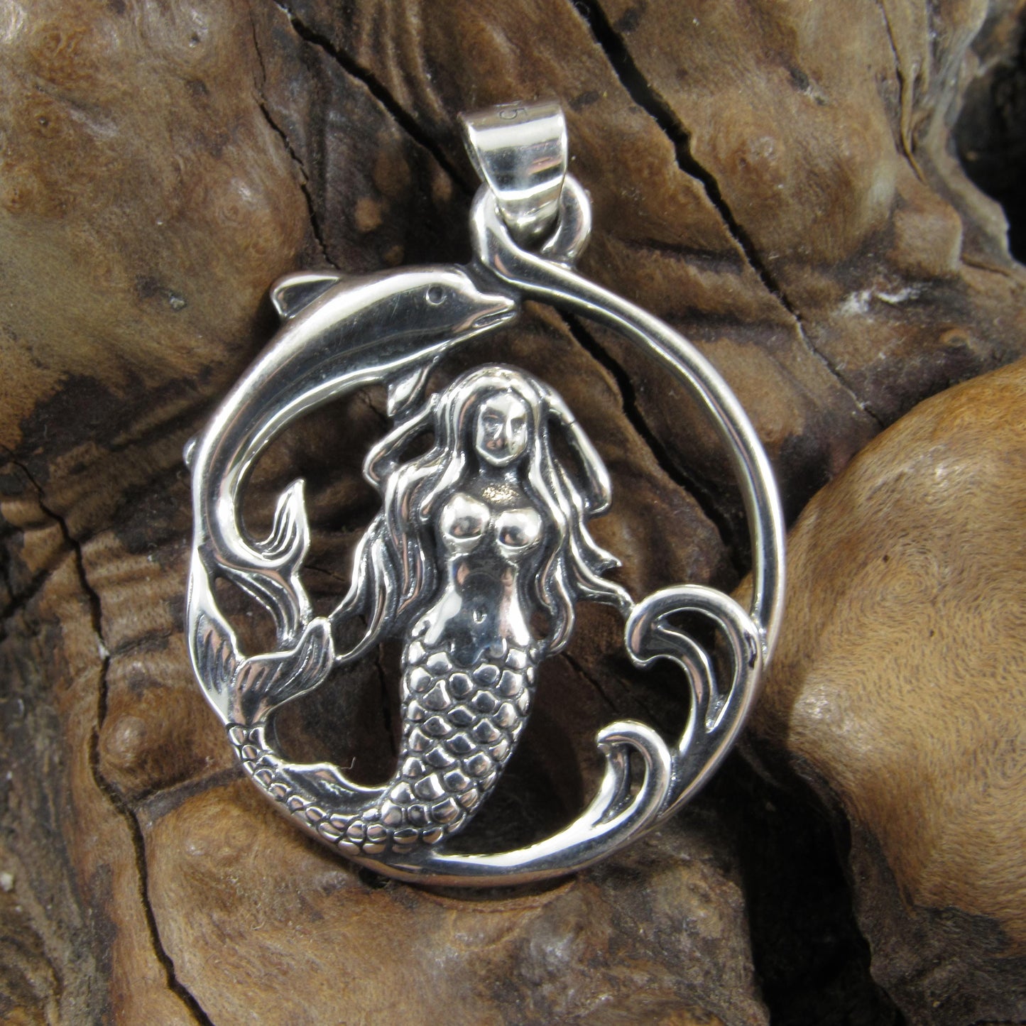 Solid 925 Sterling Silver Mermaid and Dolphin Pendant with Sea Waves, Handcrafted Nautical Charm, Ocean Life Jewelry, Marine Life Amulet