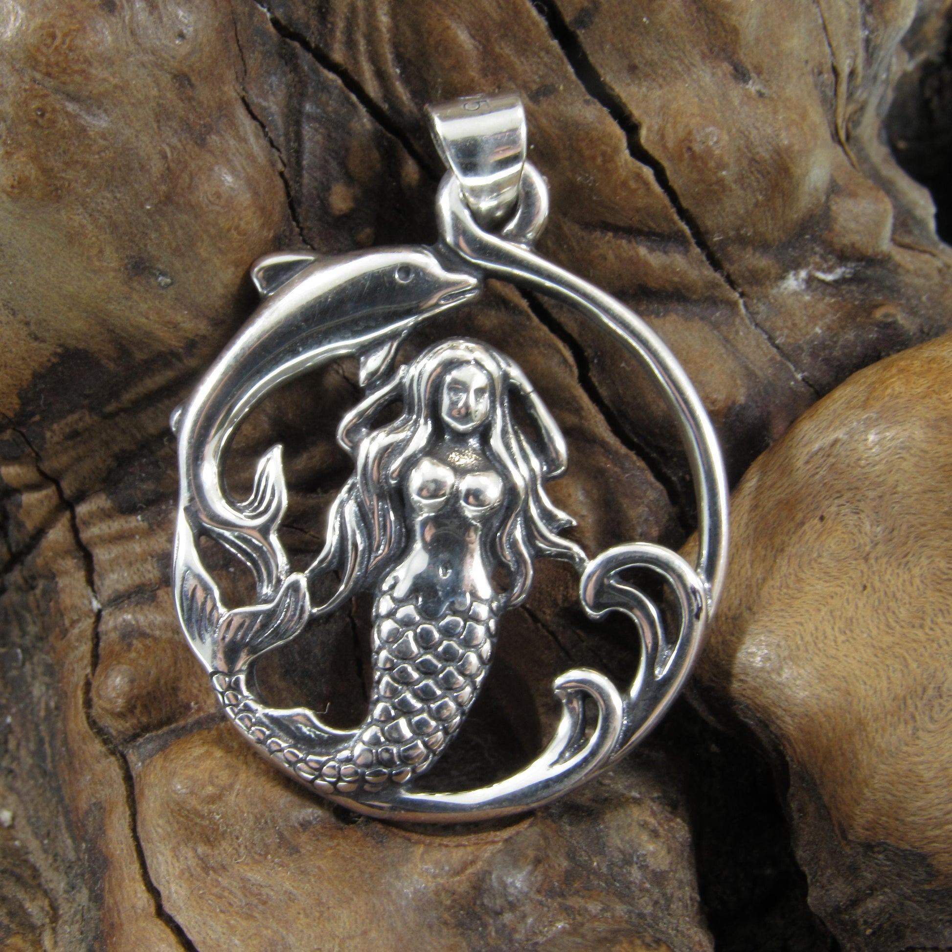 Solid 925 Sterling Silver Mermaid and Dolphin Pendant with Sea Waves, Handcrafted Nautical Charm, Ocean Life Jewelry, Marine Life Amulet