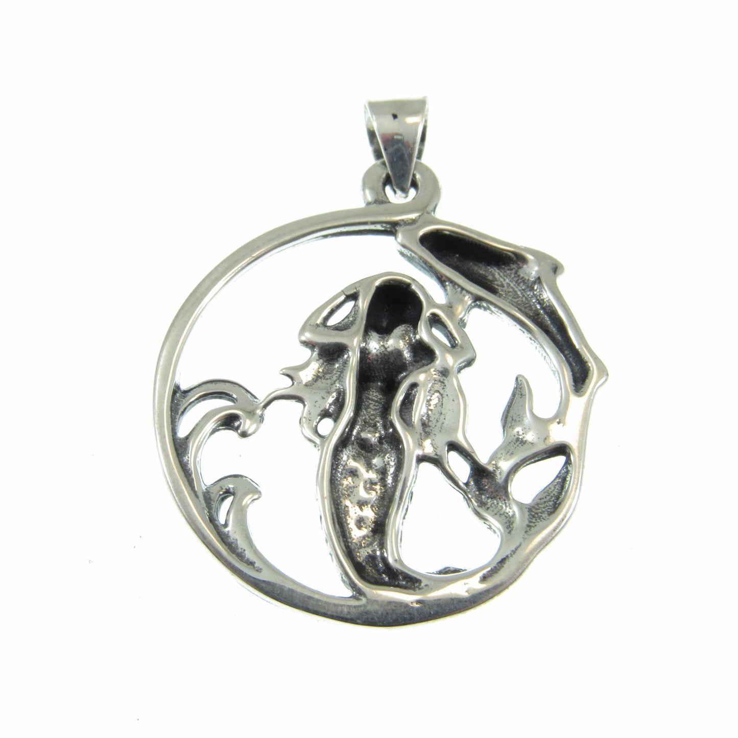 Solid 925 Sterling Silver Mermaid and Dolphin Pendant with Sea Waves, Handcrafted Nautical Charm, Ocean Life Jewelry, Marine Life Amulet