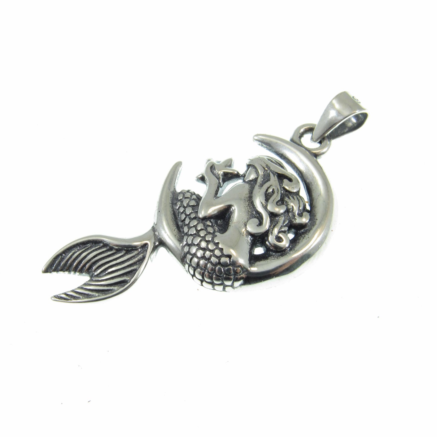 Solid 925 Sterling Silver Mermaid on Crescent Moon Pendant, Handcrafted Cosmic & Nautical Charm, Ocean Life Jewelry, Celestial Lunar Amulet