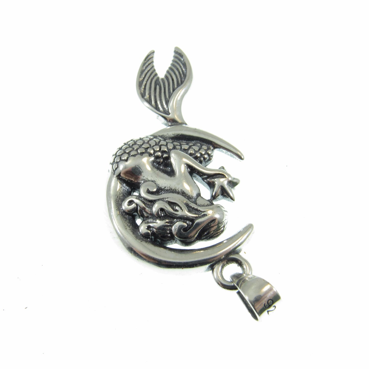Solid 925 Sterling Silver Mermaid on Crescent Moon Pendant, Handcrafted Cosmic & Nautical Charm, Ocean Life Jewelry, Celestial Lunar Amulet