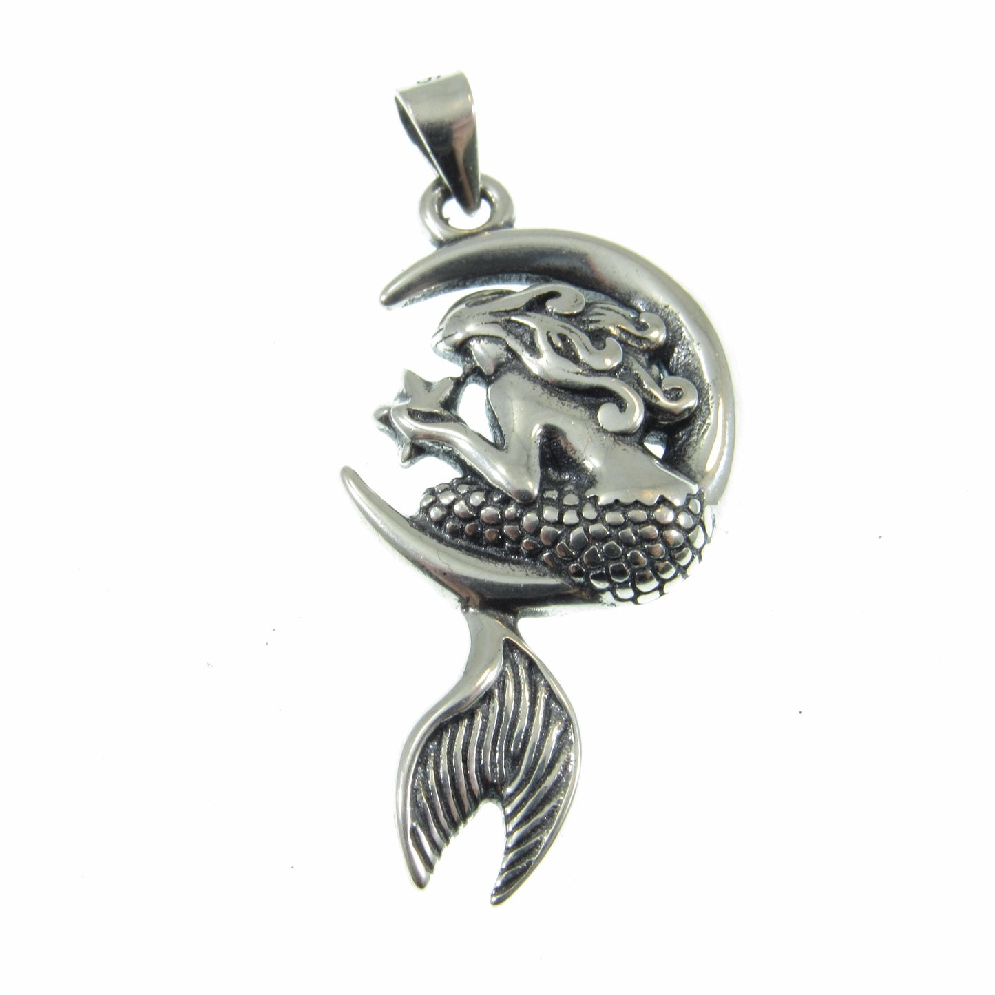 Solid 925 Sterling Silver Mermaid on Crescent Moon Pendant, Handcrafted Cosmic & Nautical Charm, Ocean Life Jewelry, Celestial Lunar Amulet