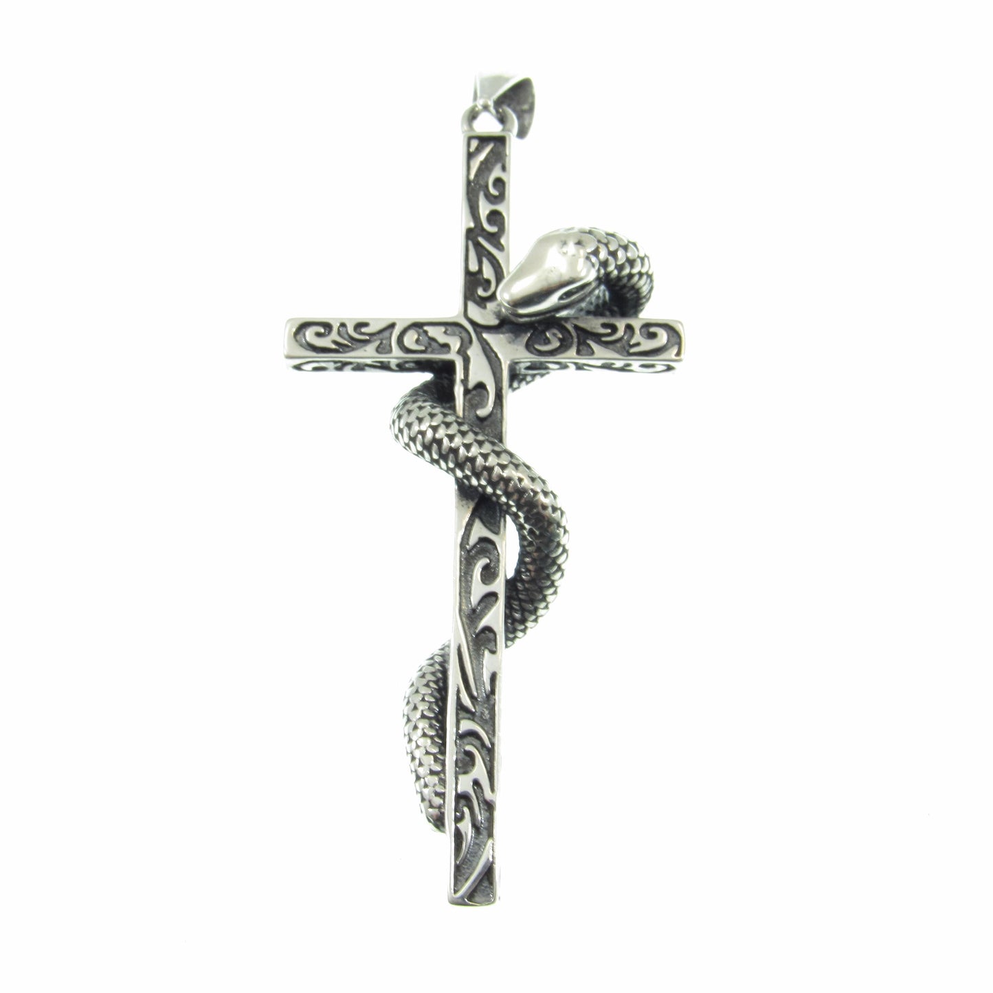 Solid 925 Sterling Silver Slithering Snake on Christian Cross Pendant, Ornate Religious Jewelry for Men and Women, Gothic Cross with Serpent