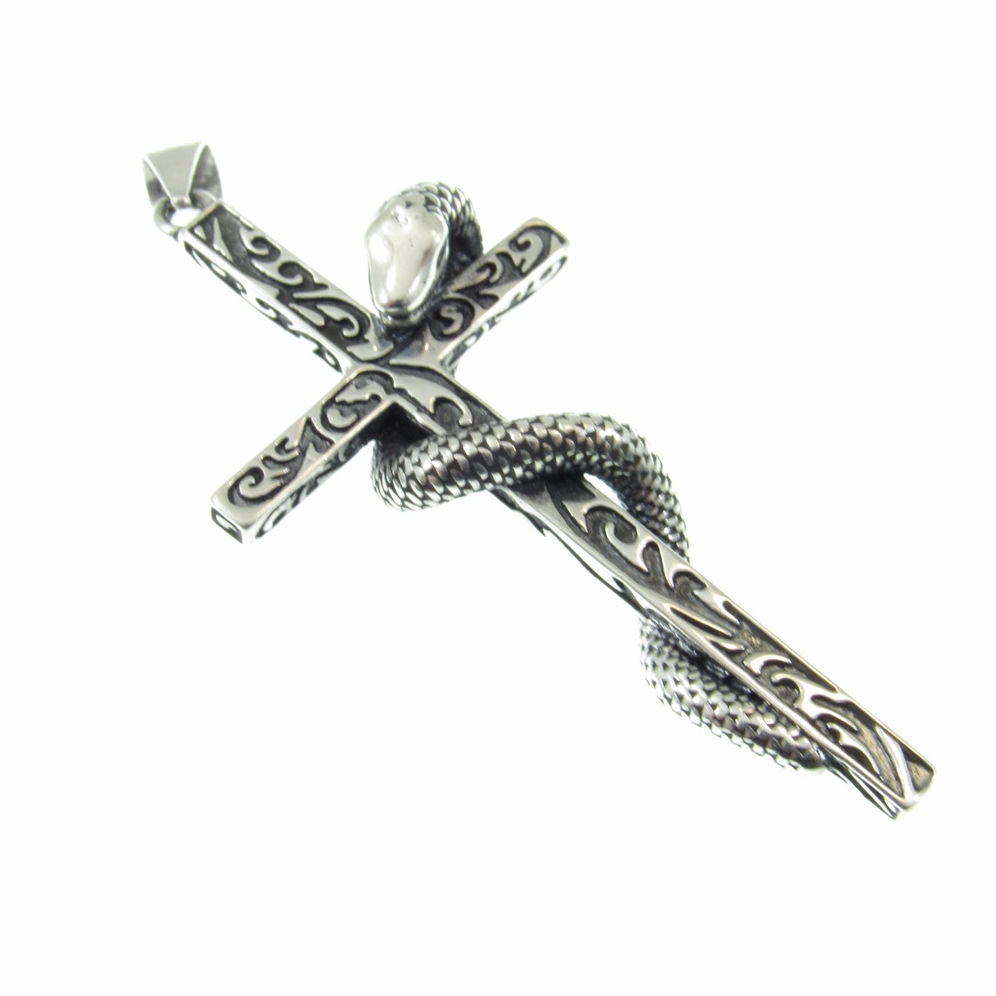 Solid 925 Sterling Silver Slithering Snake on Christian Cross Pendant, Ornate Religious Jewelry for Men and Women, Gothic Cross with Serpent